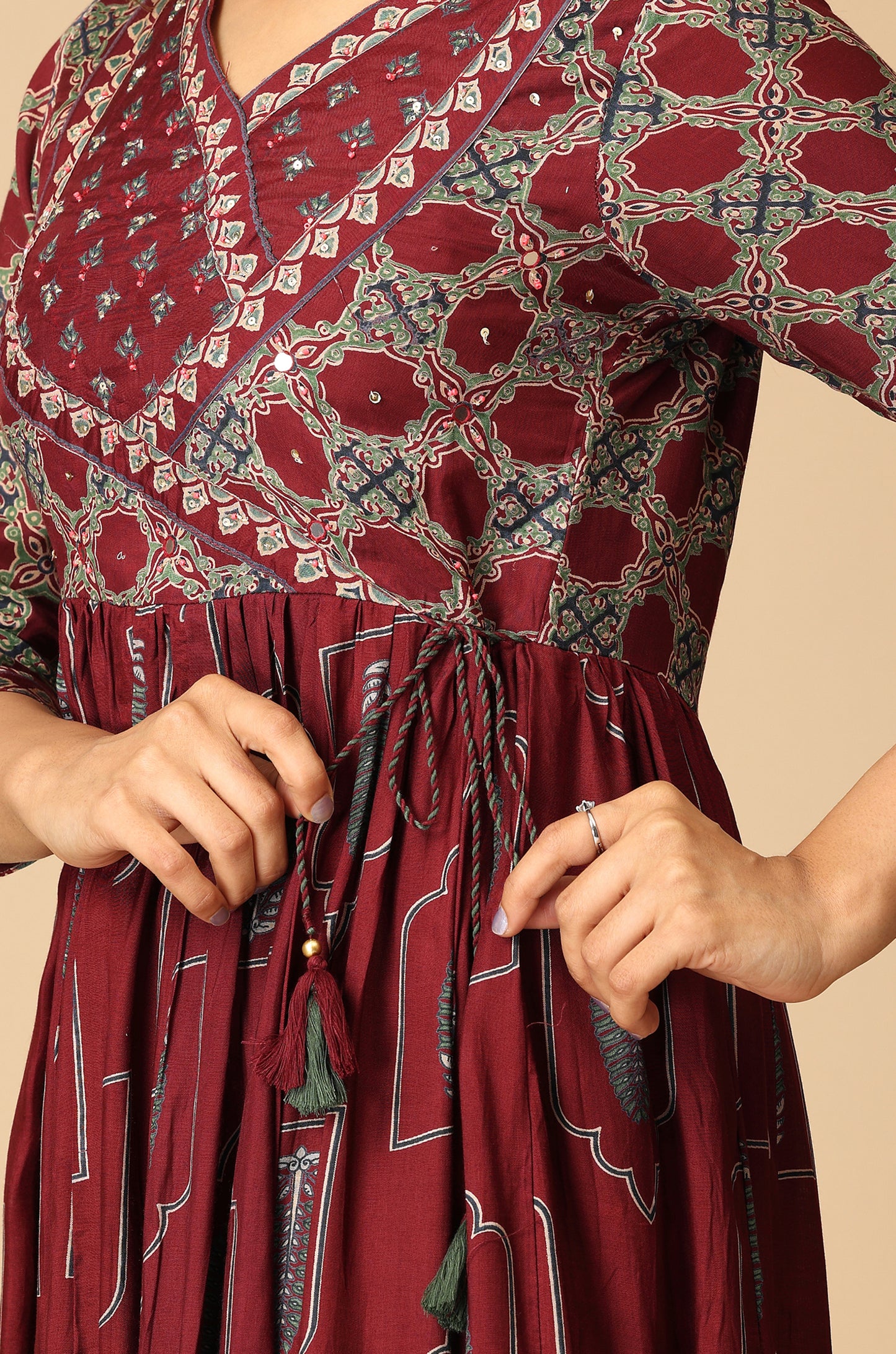 Wine Angrakha Maslin Printed with Handwork Anarkali Set
