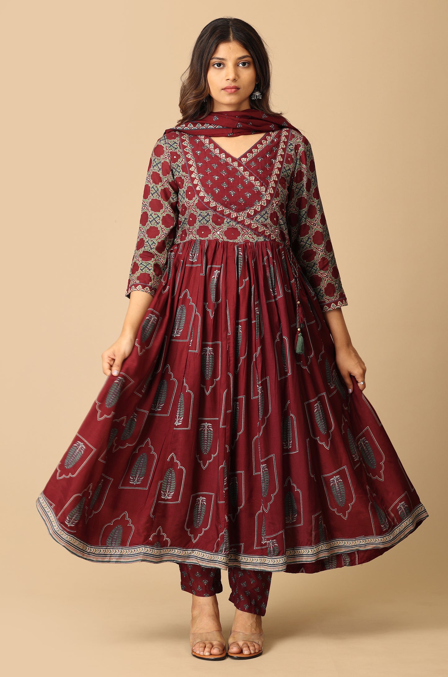 Wine Angrakha Maslin Printed with Handwork Anarkali Set