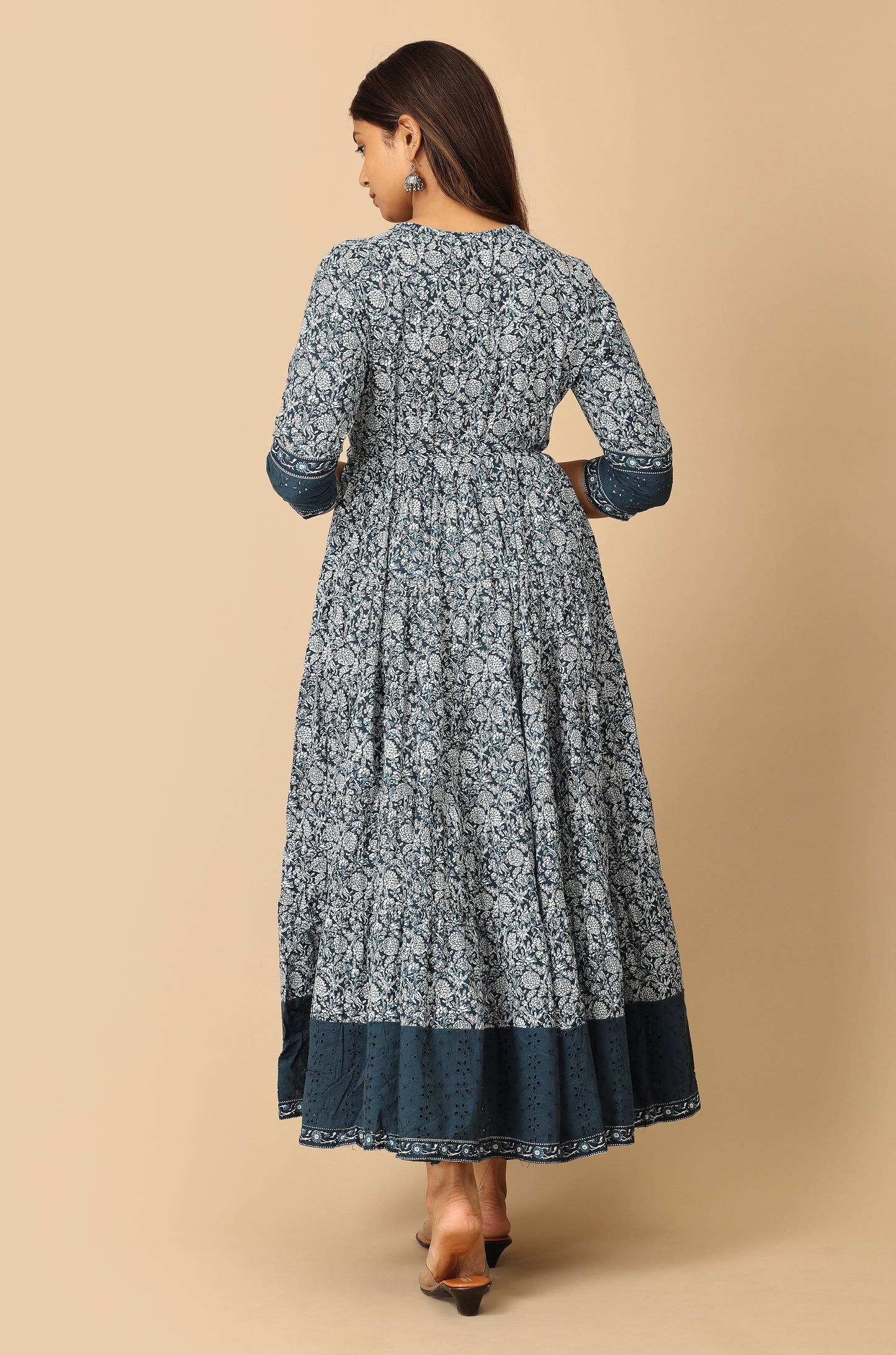 Steel Blue Cotton Printed with Handwork Anarkali