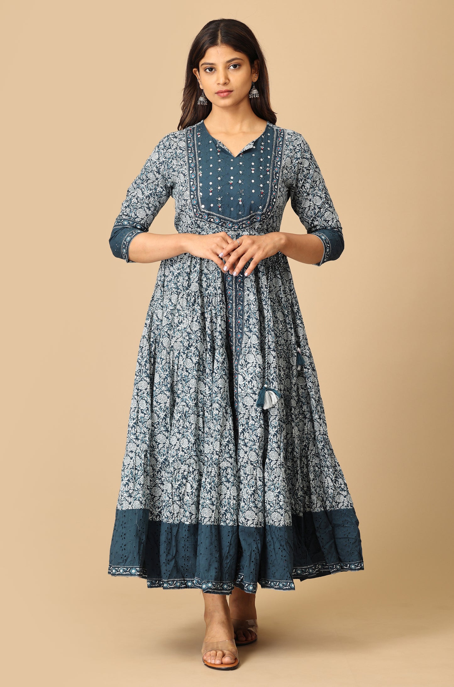 Steel Blue Cotton Printed with Handwork Anarkali