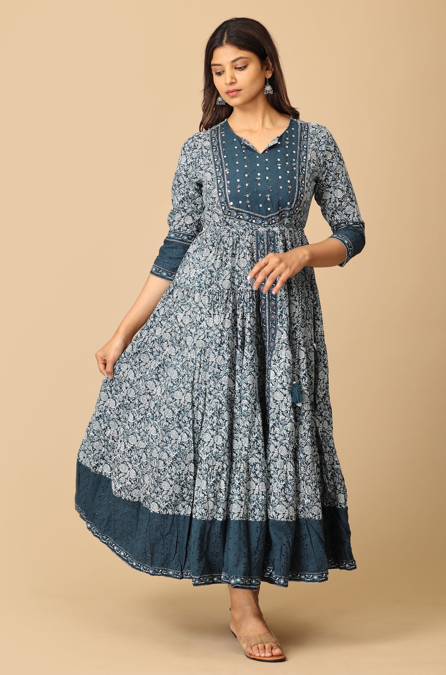 Steel Blue Cotton Printed with Handwork Anarkali