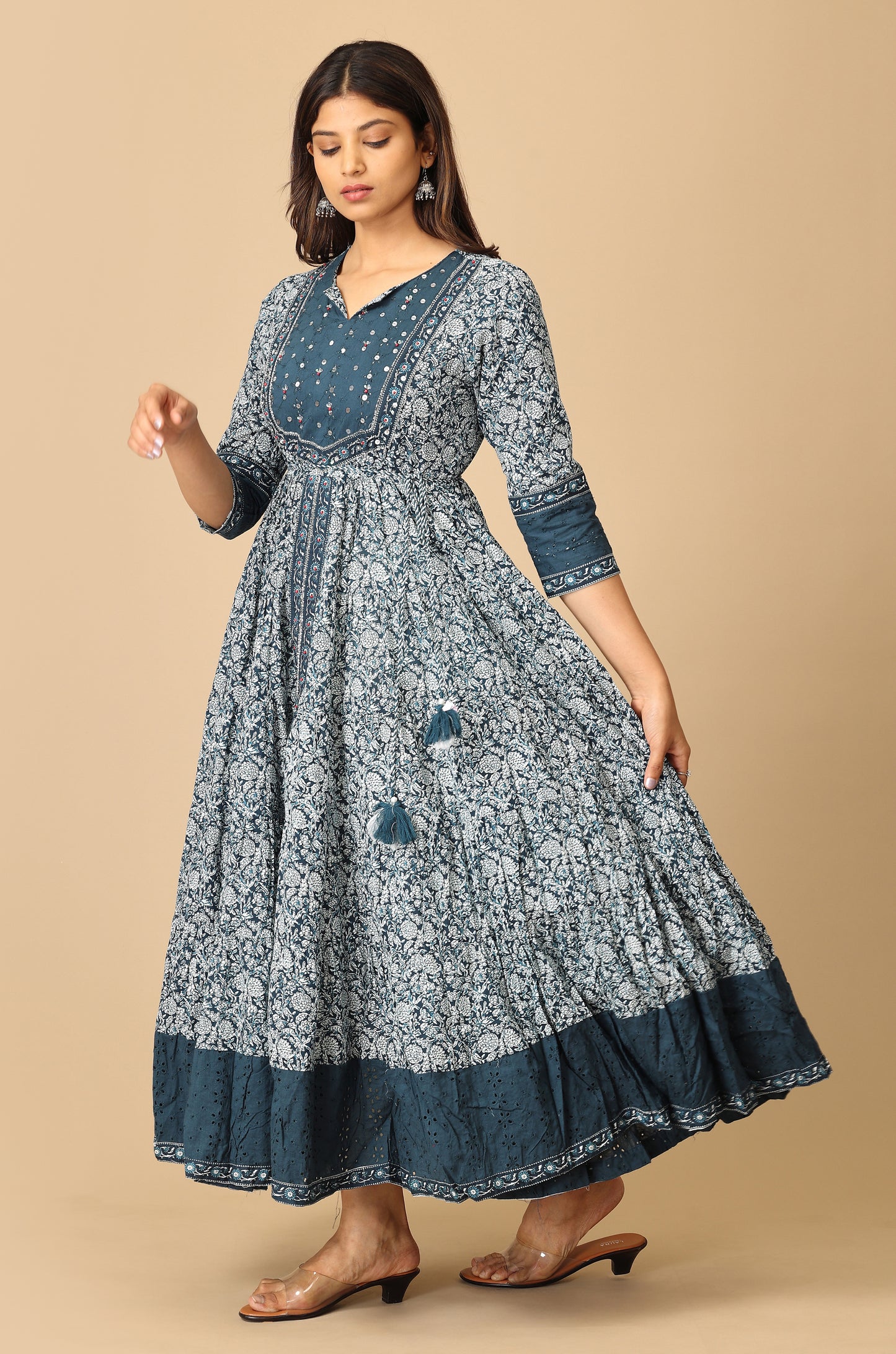 Steel Blue Cotton Printed with Handwork Anarkali
