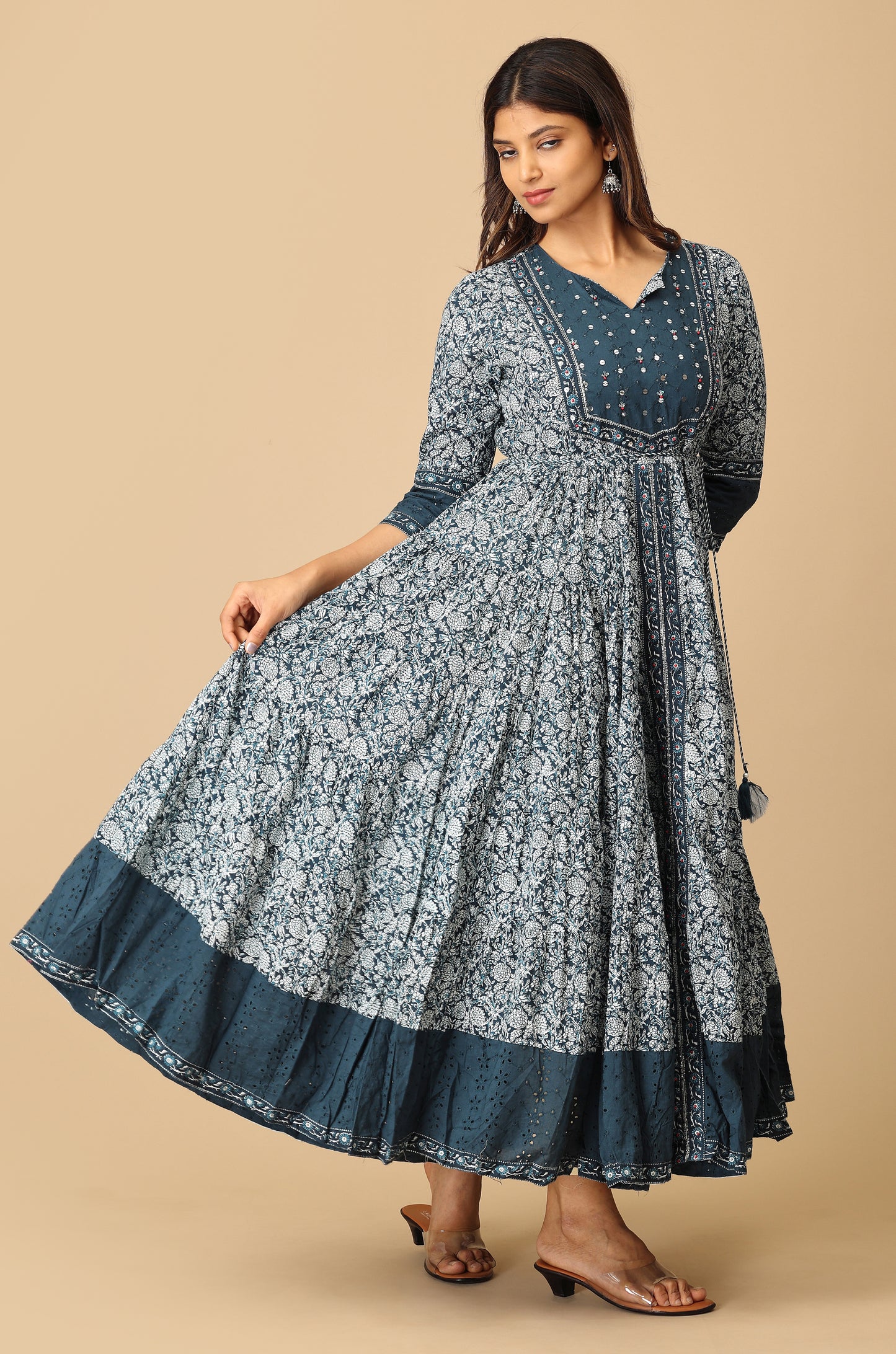 Steel Blue Cotton Printed with Handwork Anarkali