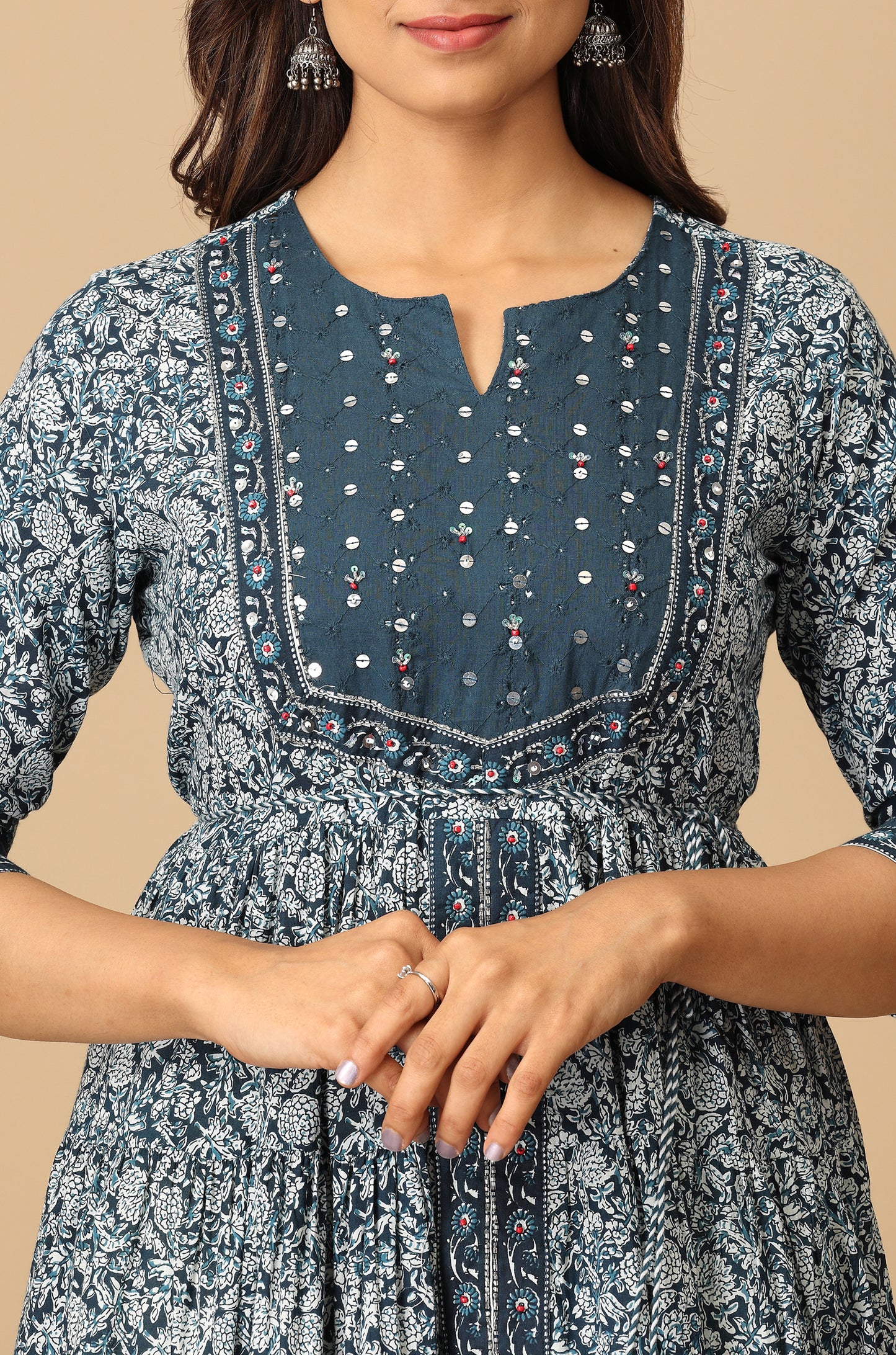 Steel Blue Cotton Printed with Handwork Anarkali