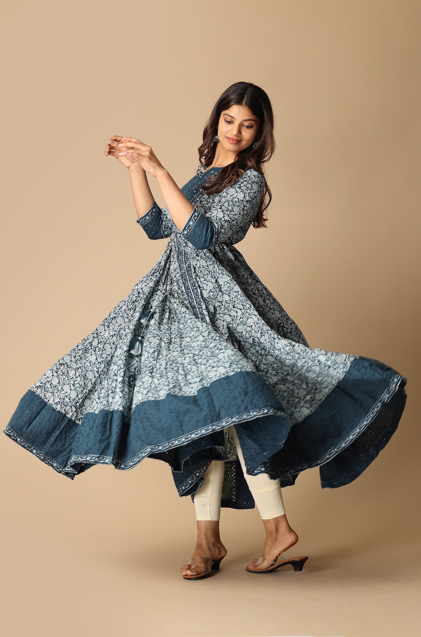 Steel Blue Cotton Printed with Handwork Anarkali