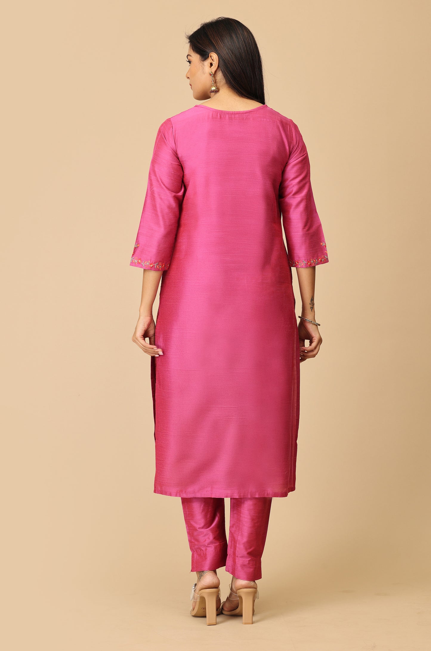 Magenta Slub Silk Embroidery Kurti Set - 2Pcs