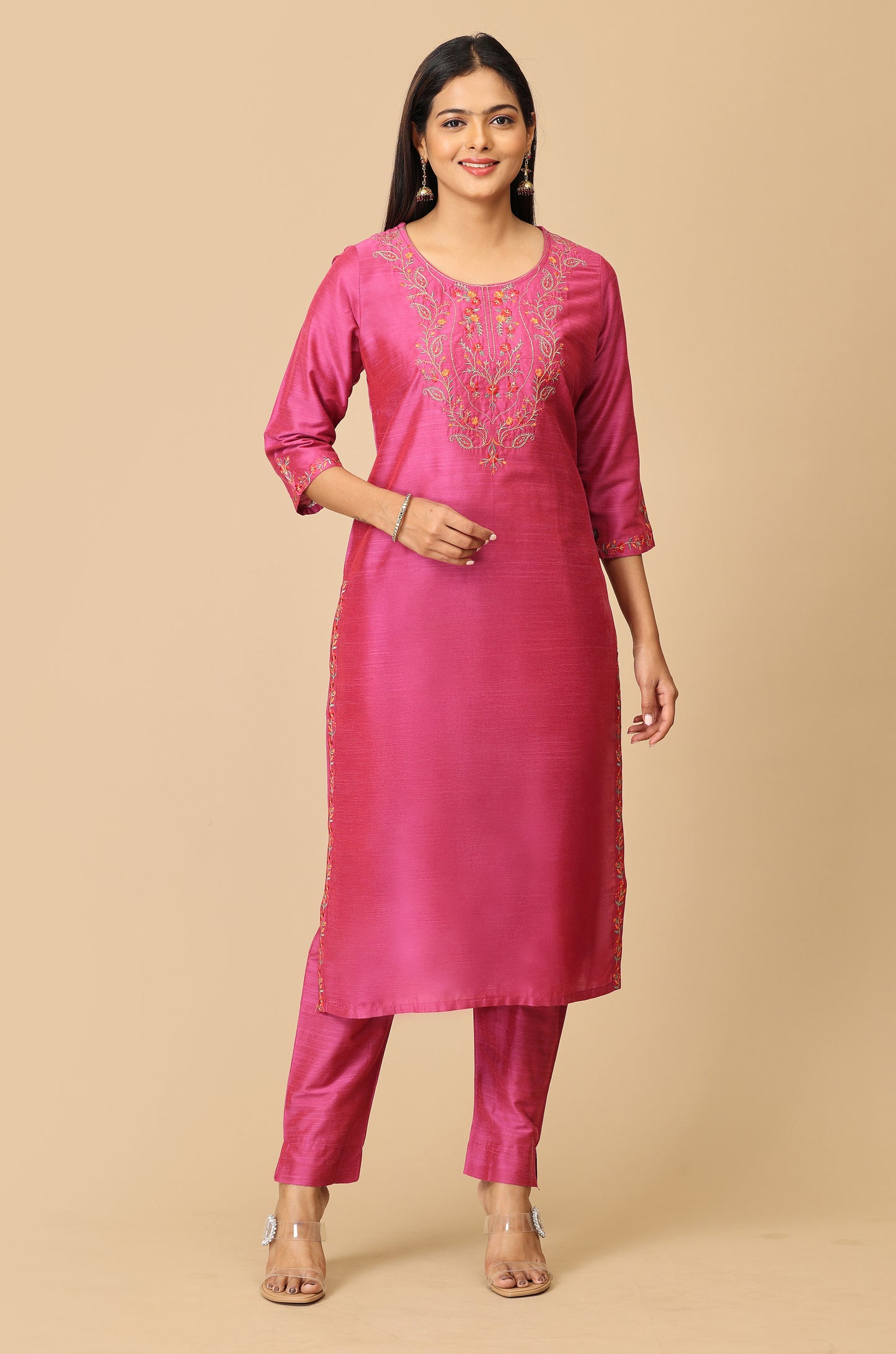 Magenta Slub Silk Embroidery Kurti Set - 2Pcs