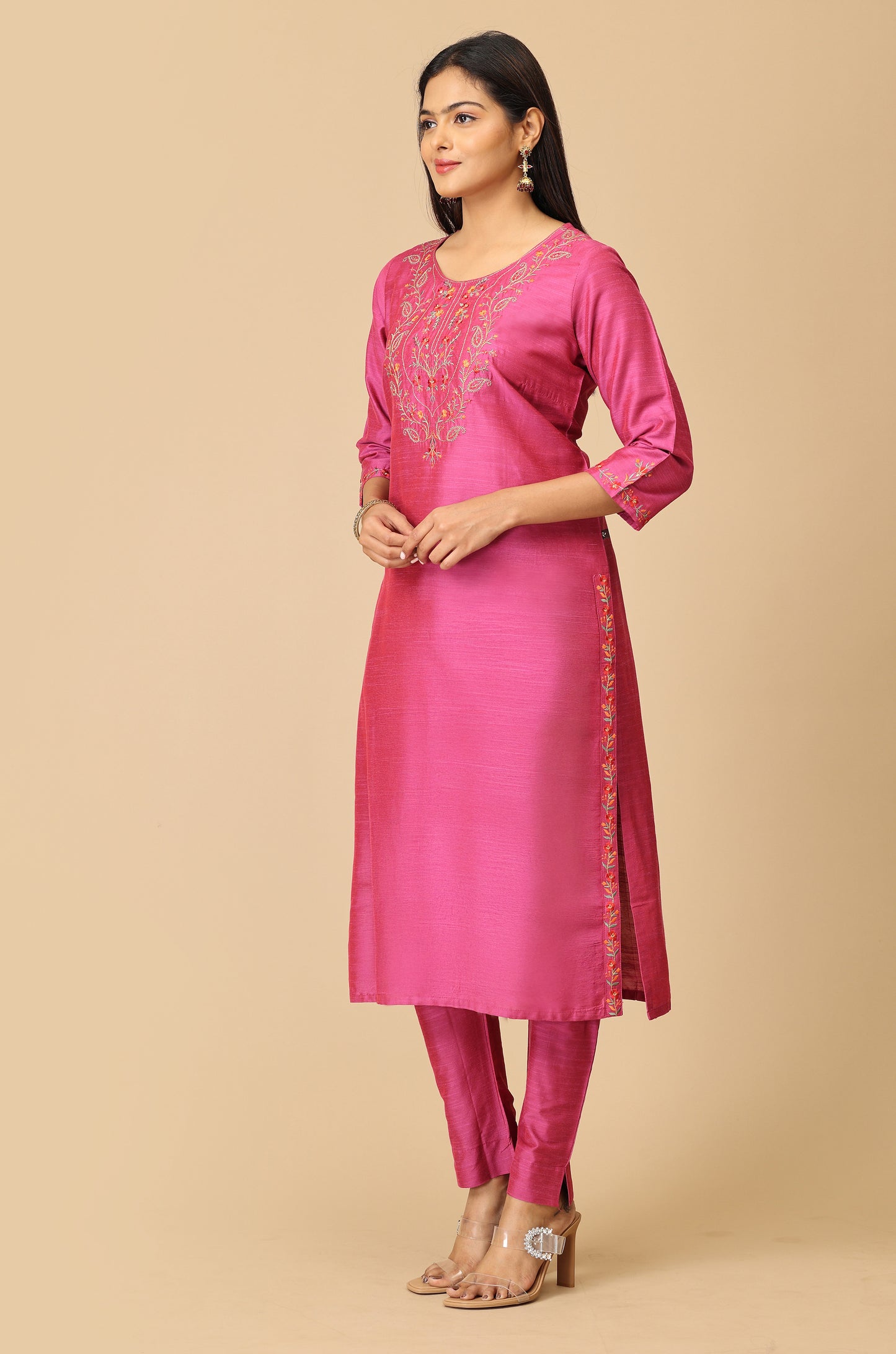 Magenta Slub Silk Embroidery Kurti Set - 2Pcs