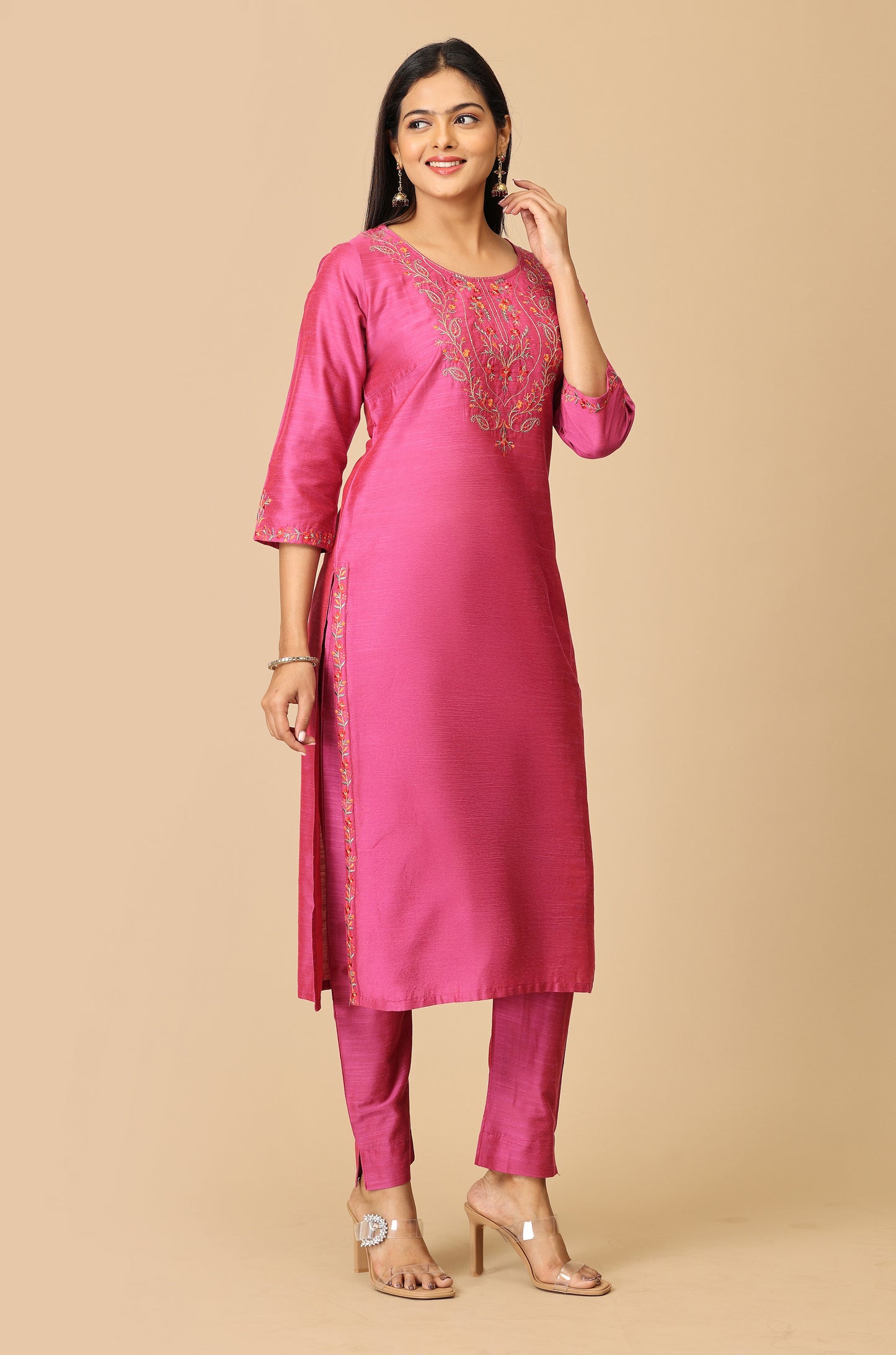 Magenta Slub Silk Embroidery Kurti Set - 2Pcs
