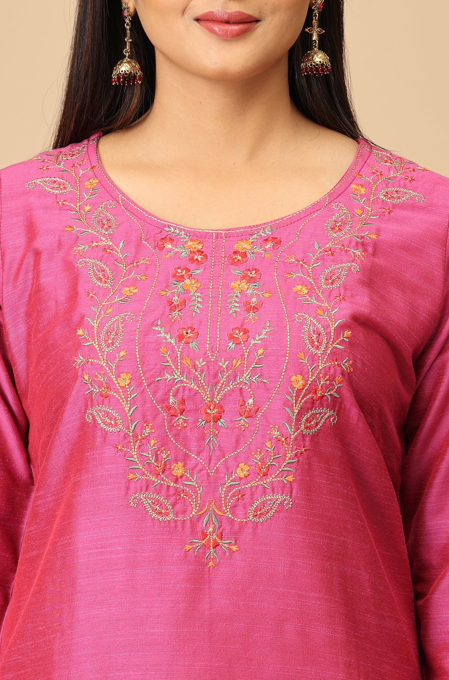 Magenta Slub Silk Embroidery Kurti Set - 2Pcs