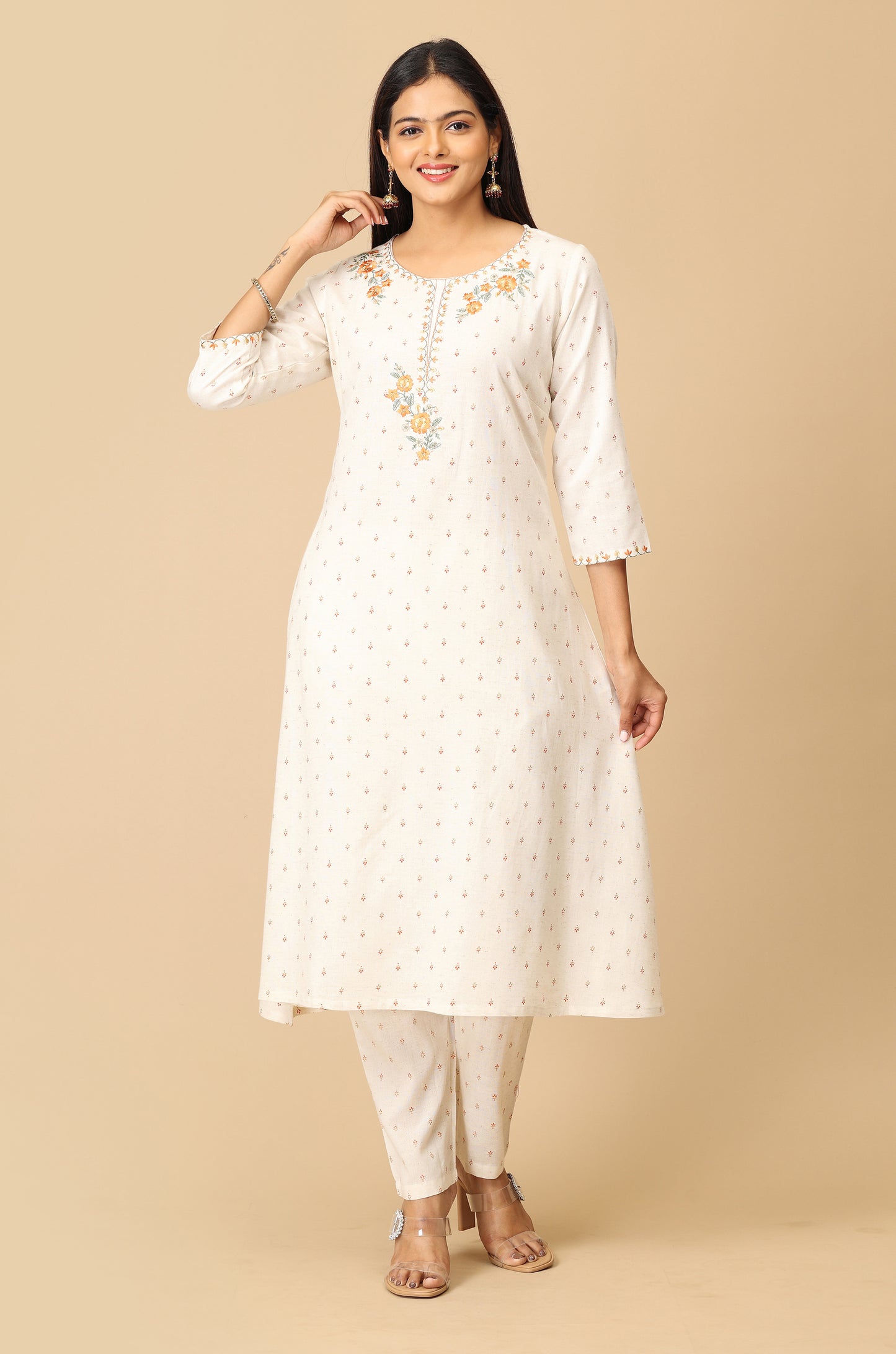 Off White Viscose Printed with Embroidery Kurti Set - 2Pcs