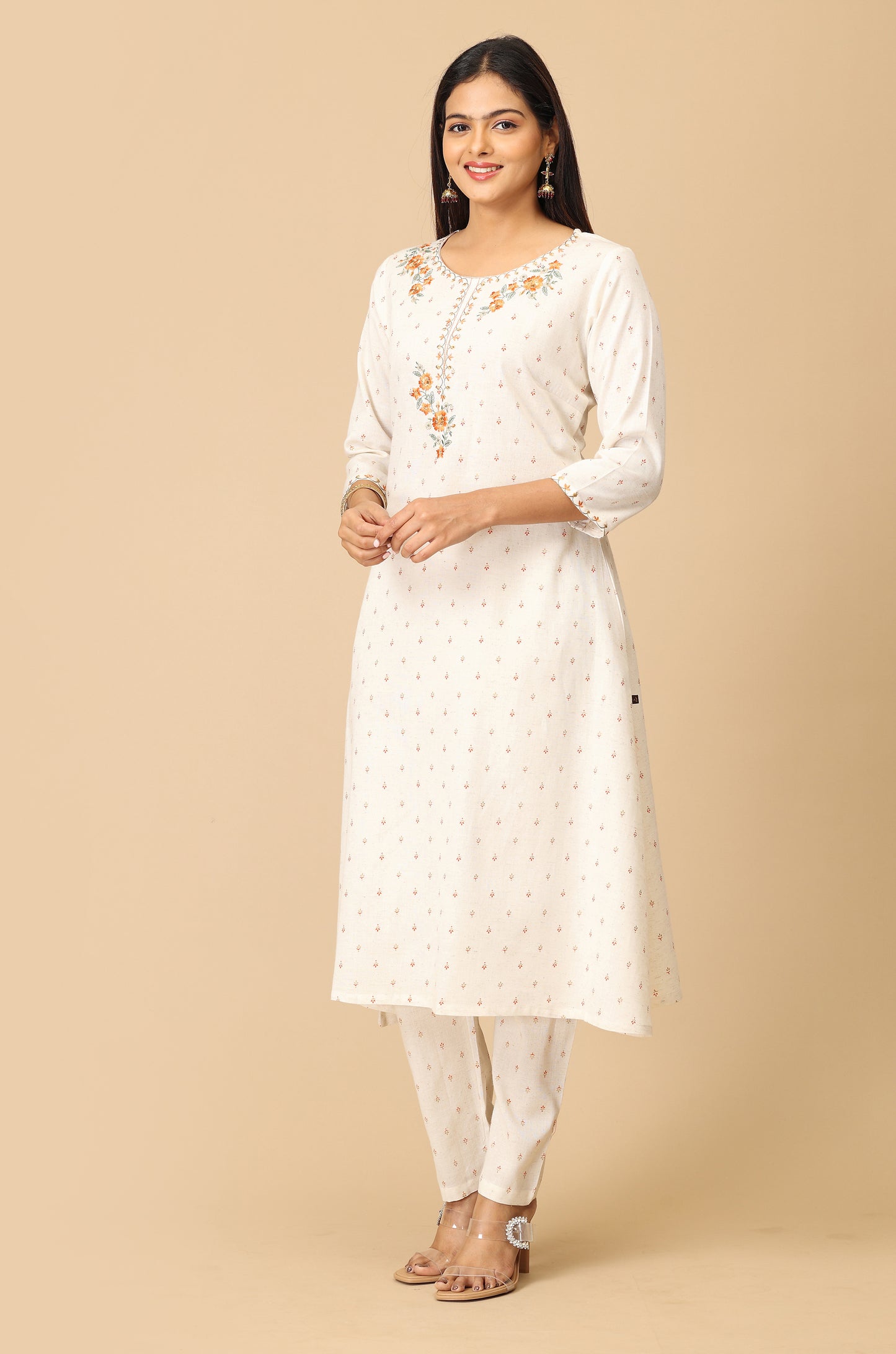 Off White Viscose Printed with Embroidery Kurti Set - 2Pcs