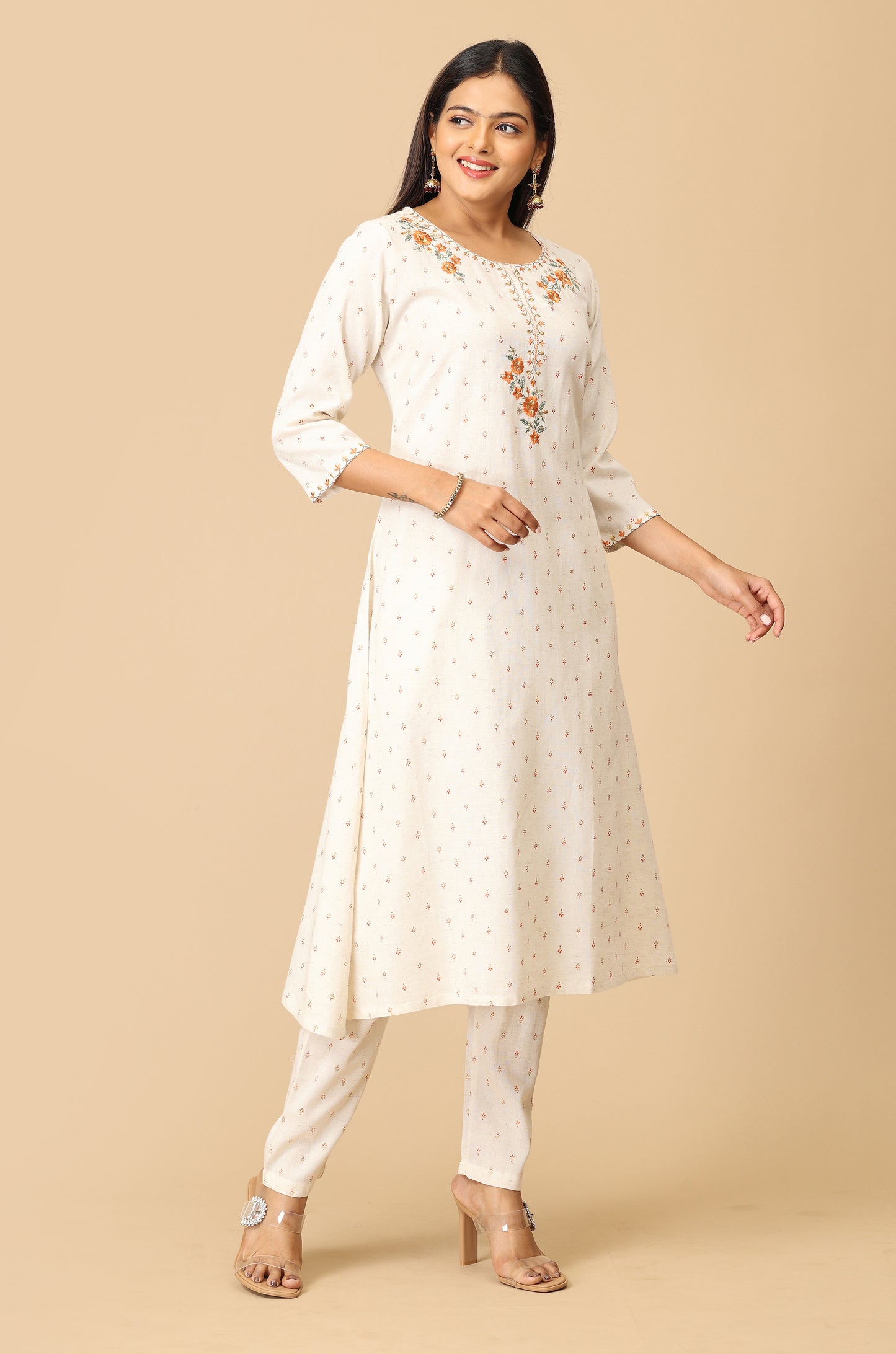 Off White Viscose Printed with Embroidery Kurti Set - 2Pcs