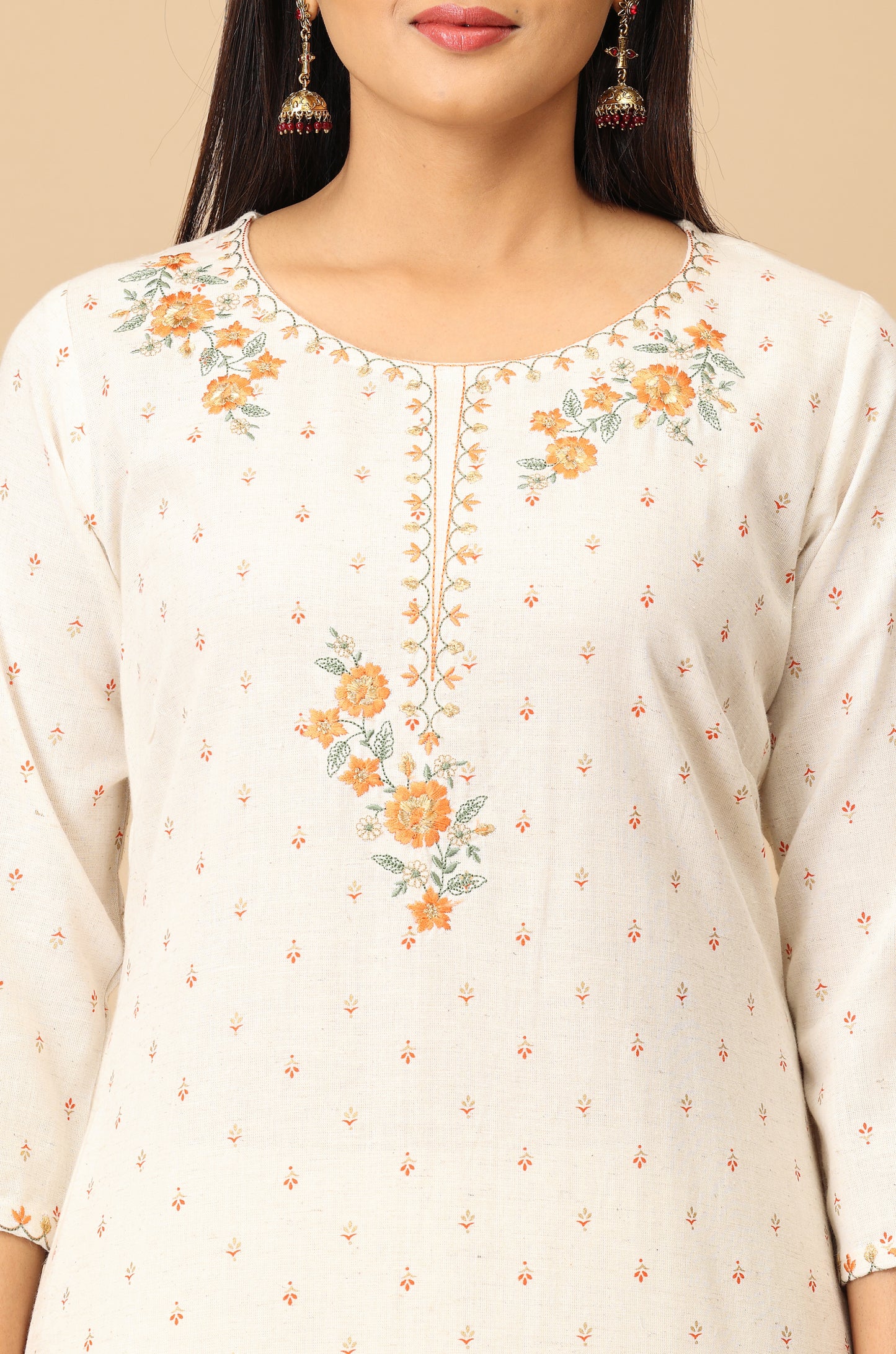 Off White Viscose Printed with Embroidery Kurti Set - 2Pcs