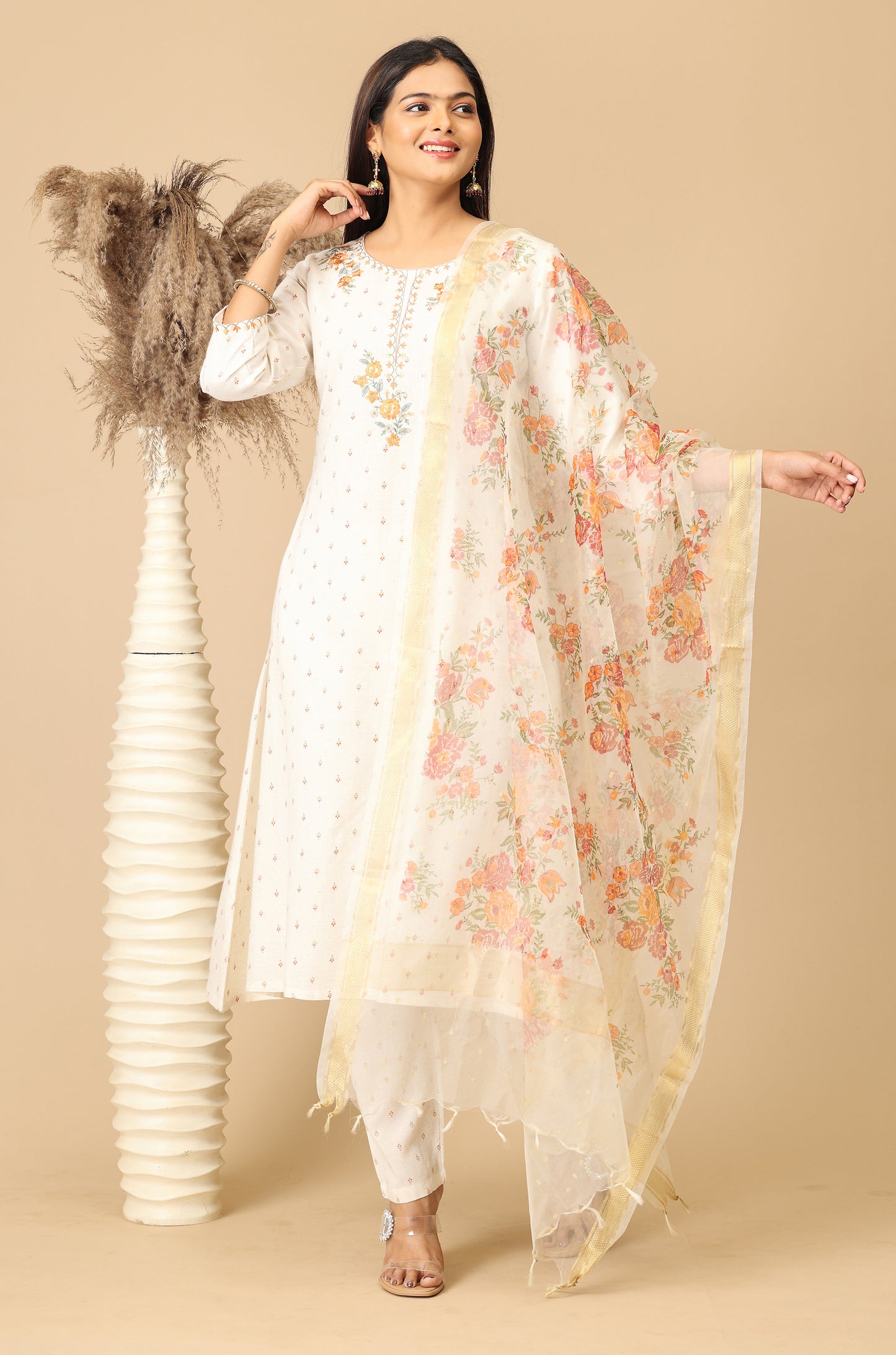 Off White Viscose Printed with Embroidery Kurti Set - 2Pcs