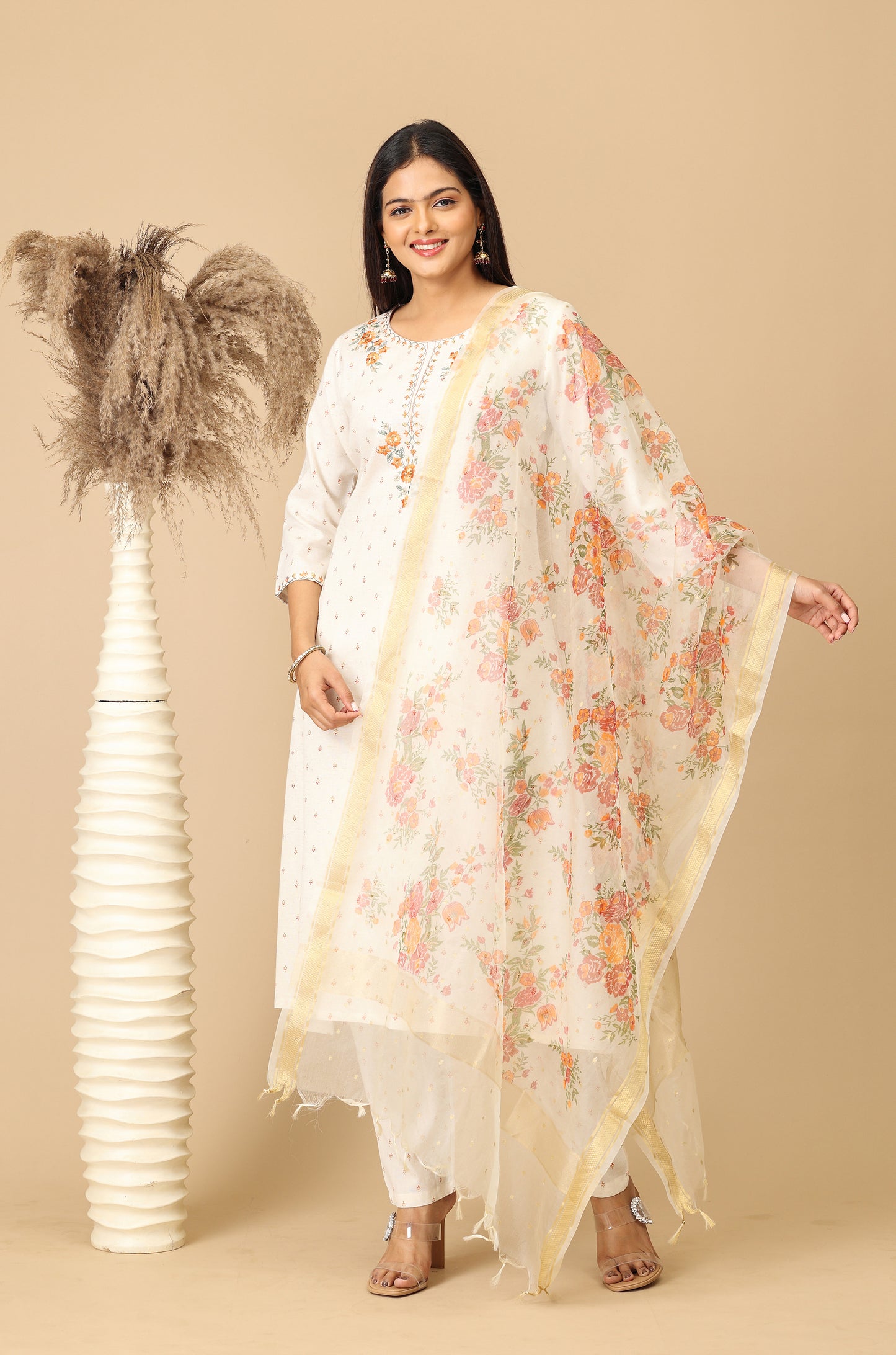 Off White Viscose Printed with Embroidery Kurti Set - 2Pcs