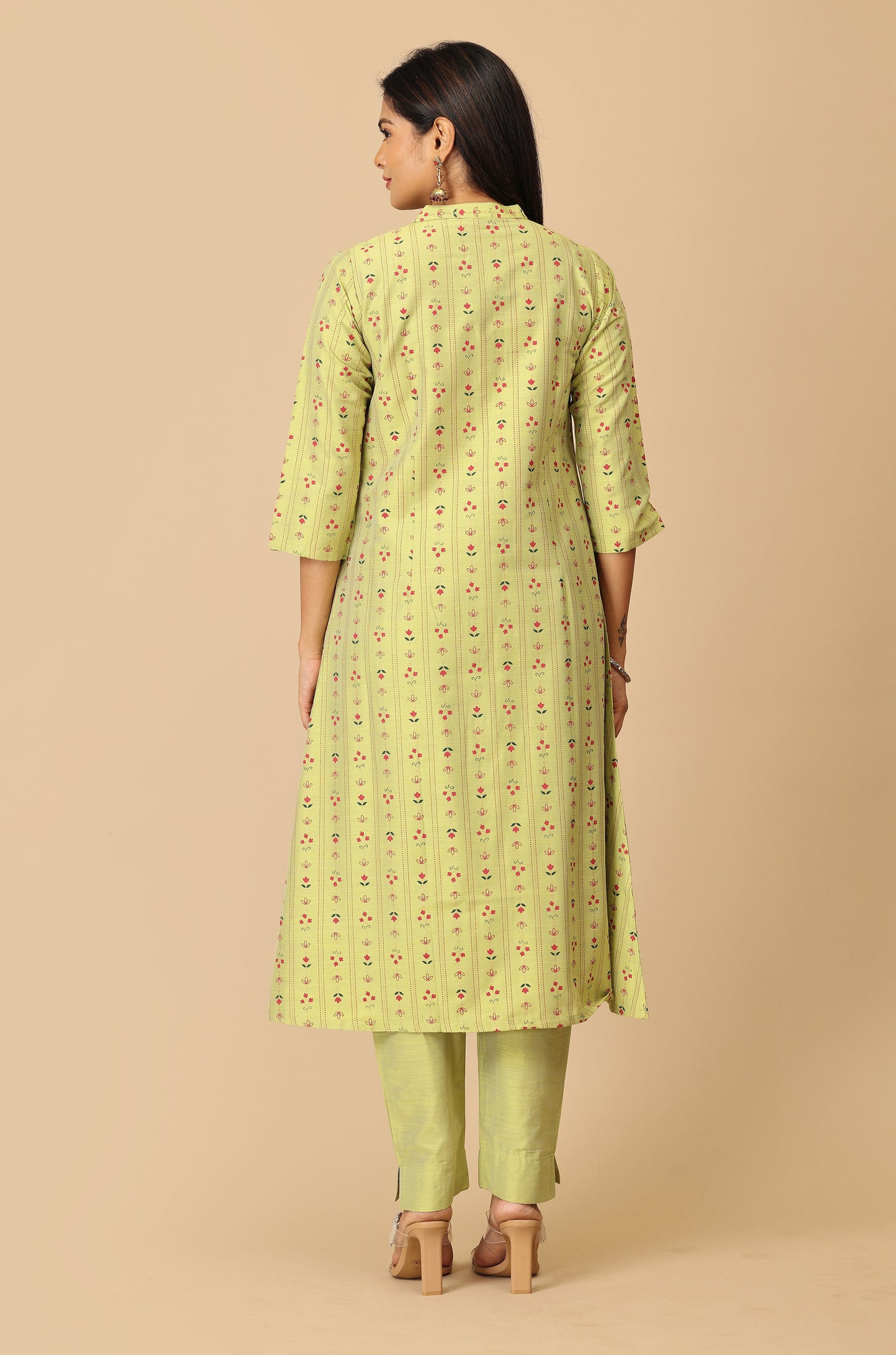 Pistachio Slub Silk Printed A-Line Kurti Set - 2Pcs