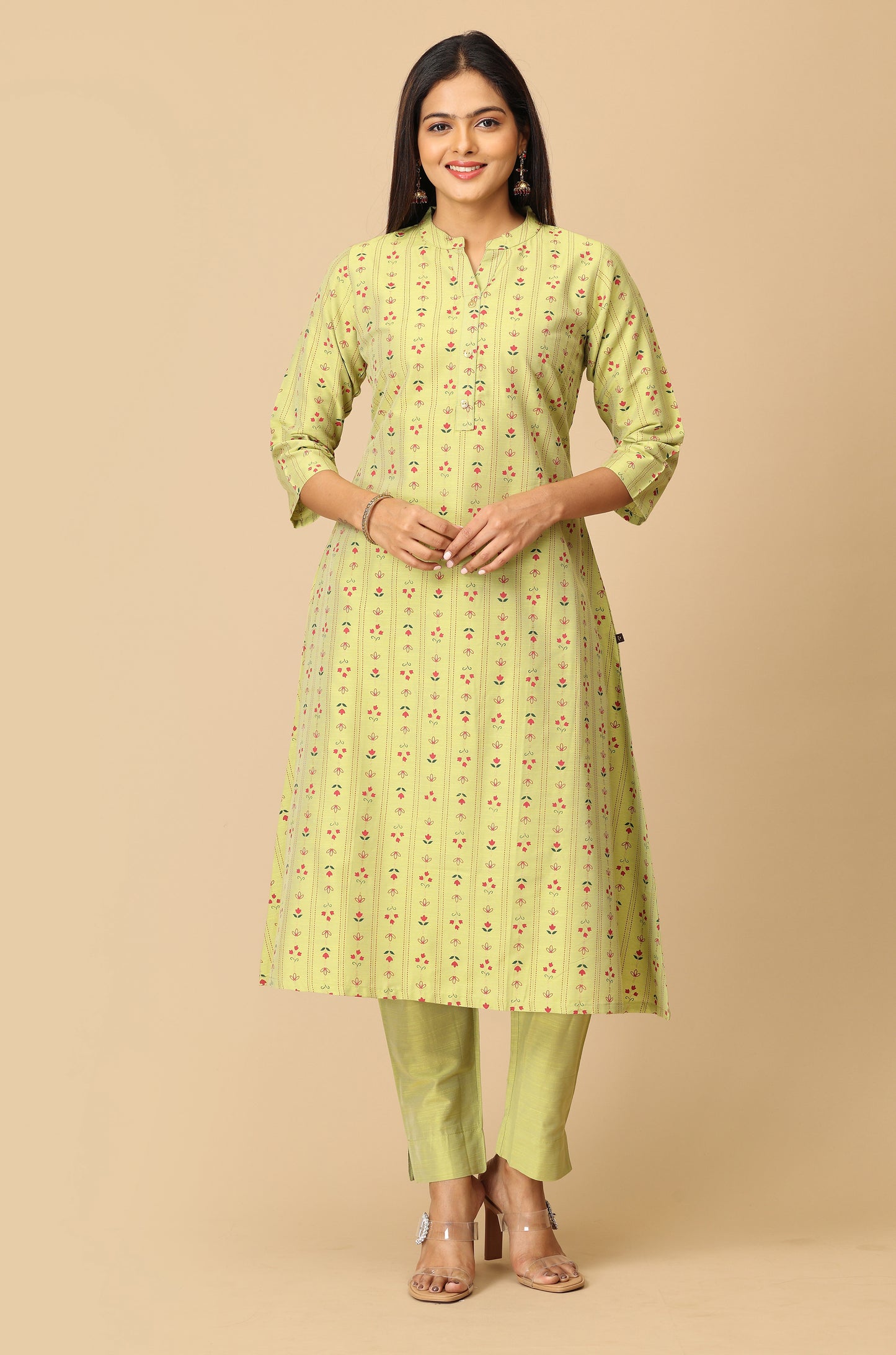 Pistachio Slub Silk Printed A-Line Kurti Set - 2Pcs
