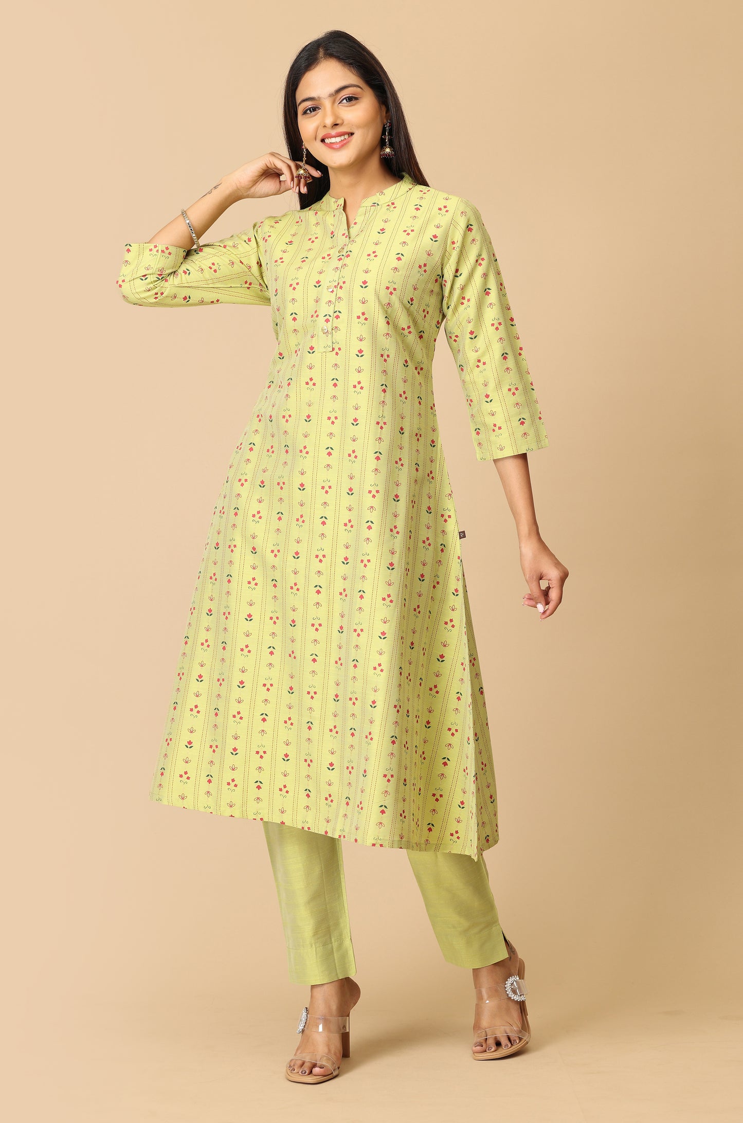 Pistachio Slub Silk Printed A-Line Kurti Set - 2Pcs