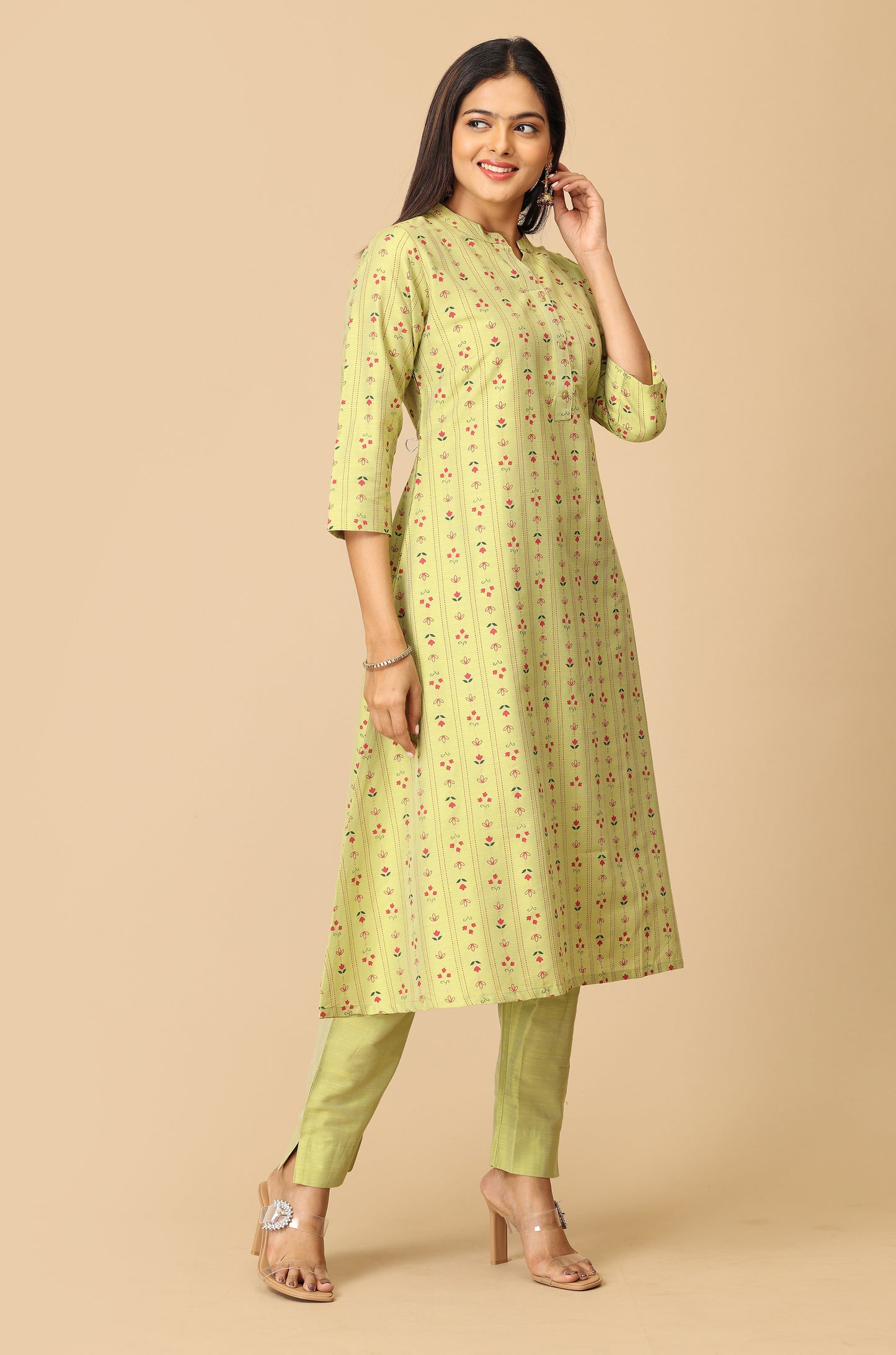 Pistachio Slub Silk Printed A-Line Kurti Set - 2Pcs