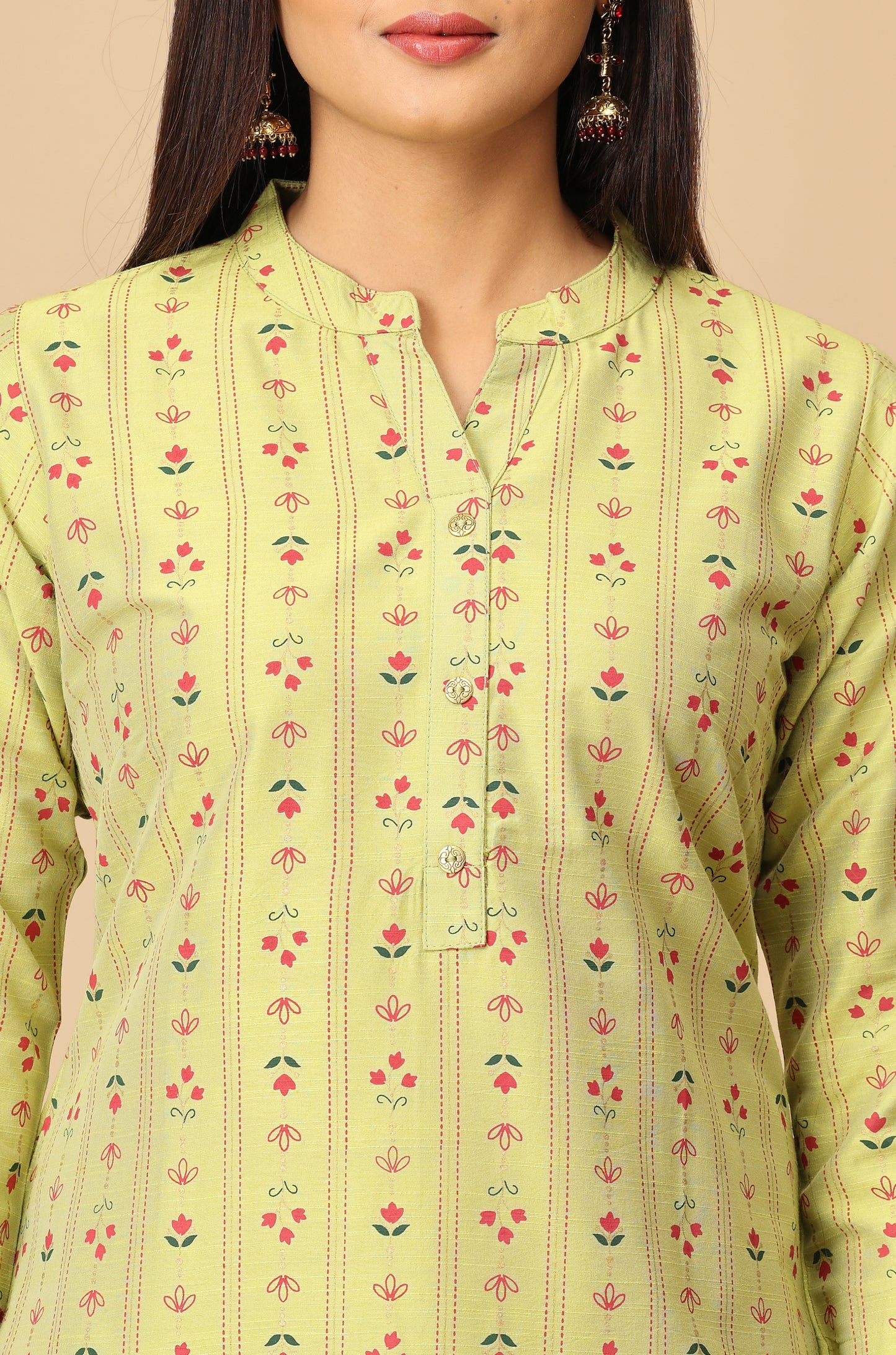 Pistachio Slub Silk Printed A-Line Kurti Set - 2Pcs