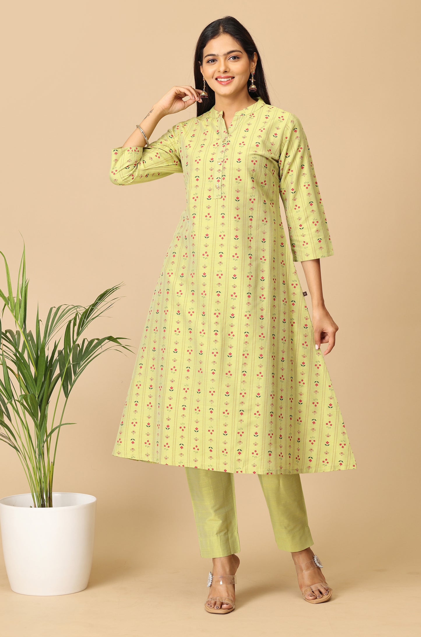 Pistachio Slub Silk Printed A-Line Kurti Set - 2Pcs