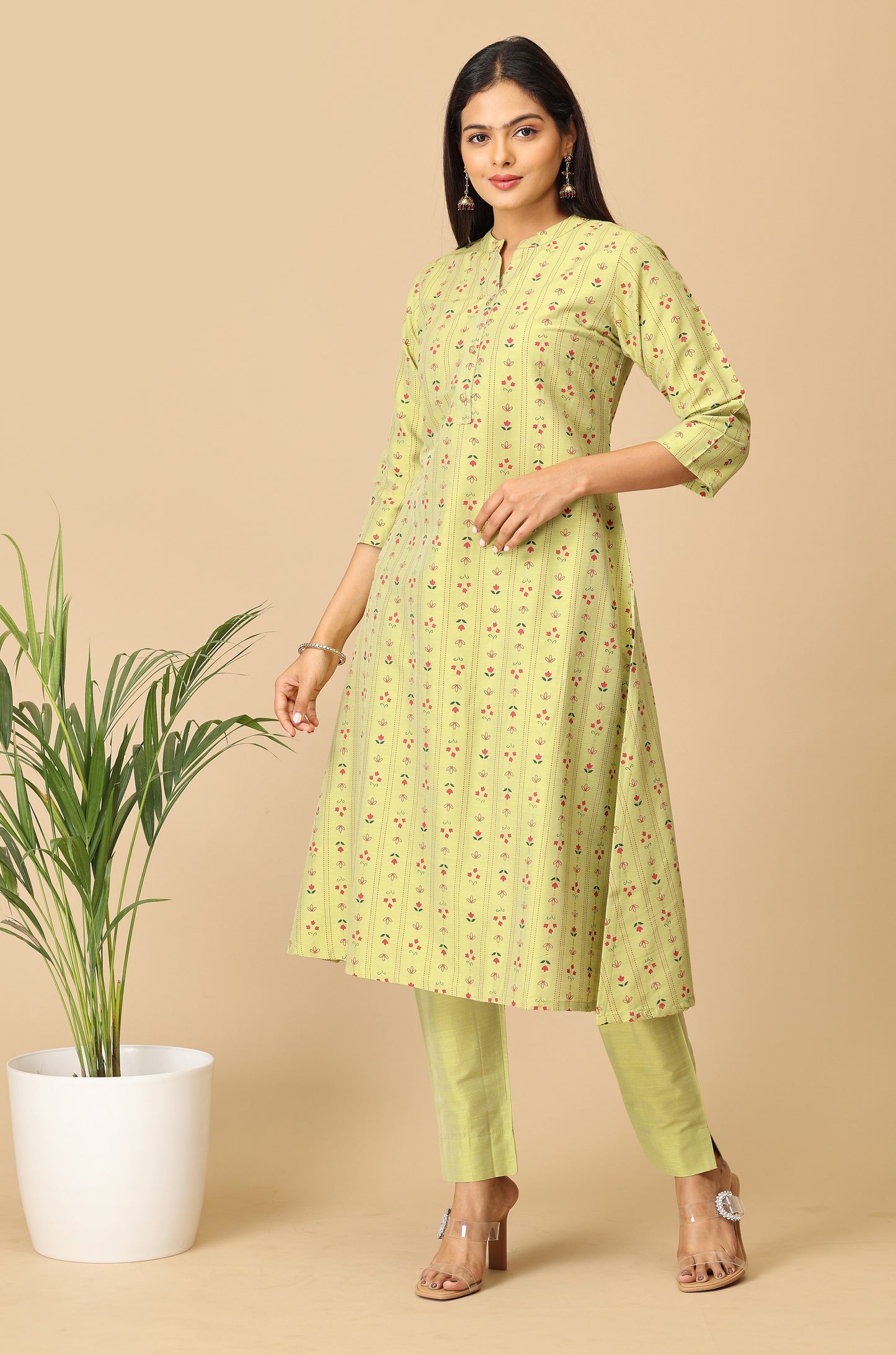 Pistachio Slub Silk Printed A-Line Kurti Set - 2Pcs