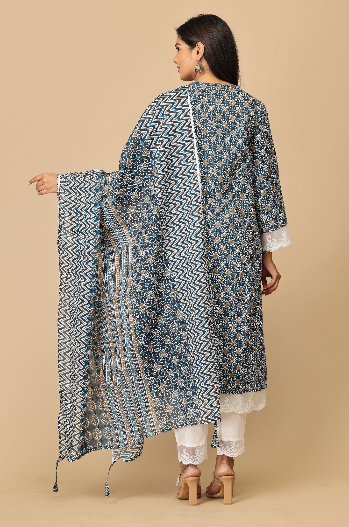 Navy Blue Cotton Printed A-Line Kurti Set - 3Pcs