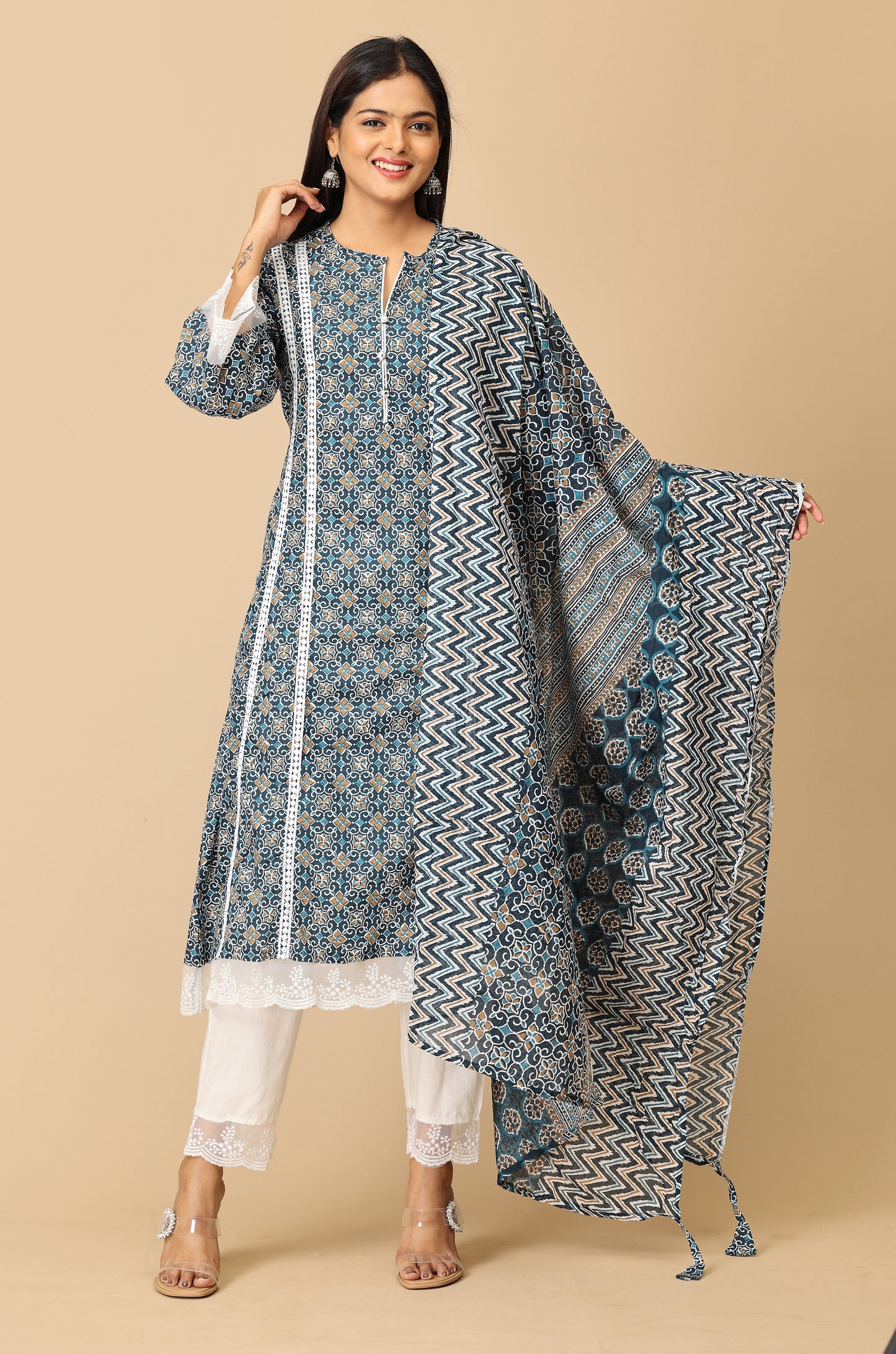 Navy Blue Cotton Printed A-Line Kurti Set - 3Pcs
