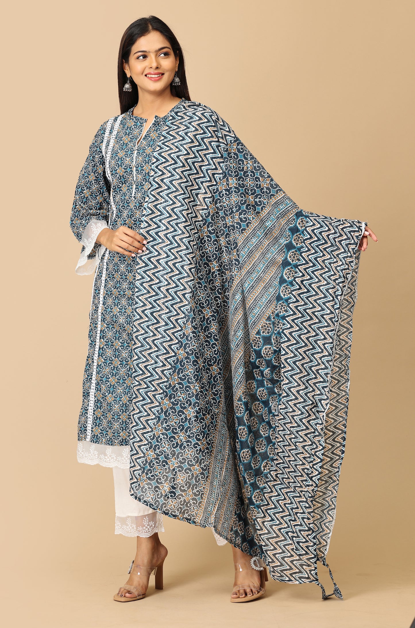 Navy Blue Cotton Printed A-Line Kurti Set - 3Pcs