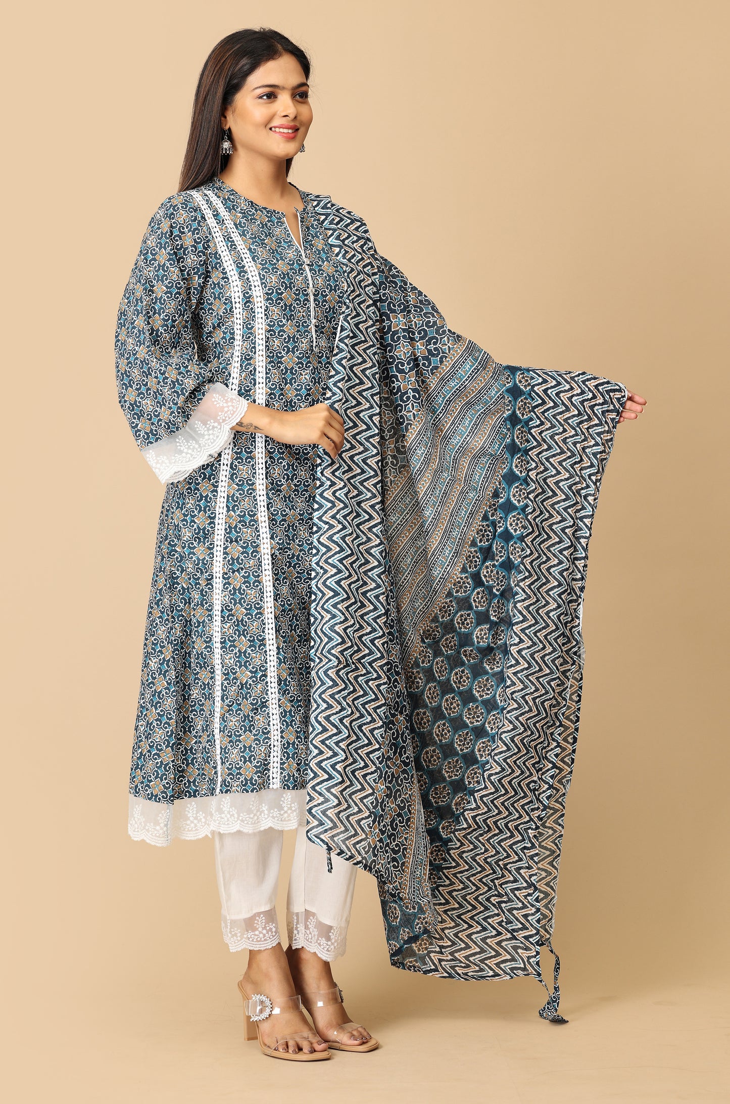 Navy Blue Cotton Printed A-Line Kurti Set - 3Pcs