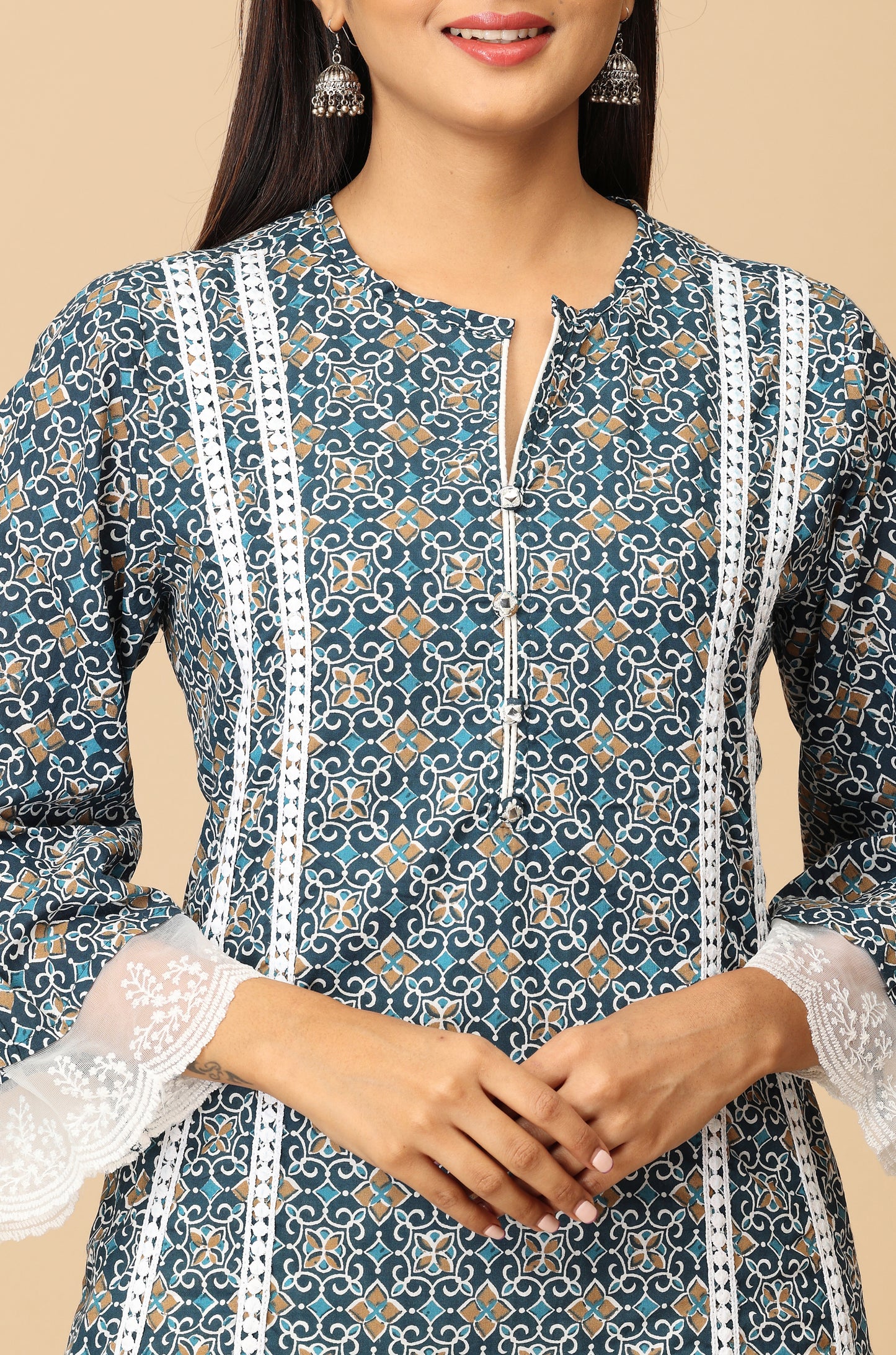 Navy Blue Cotton Printed A-Line Kurti Set - 3Pcs