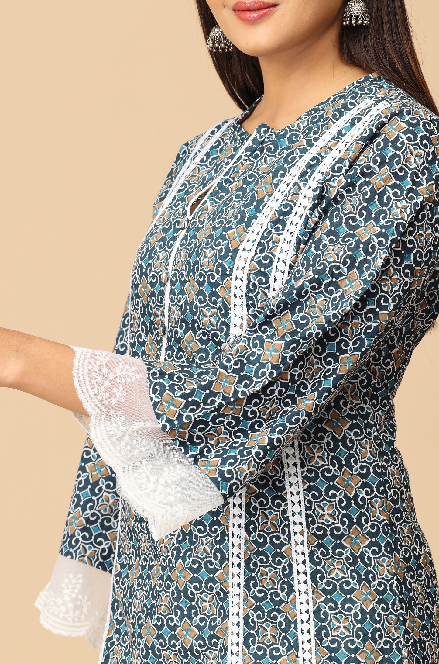 Navy Blue Cotton Printed A-Line Kurti Set - 3Pcs