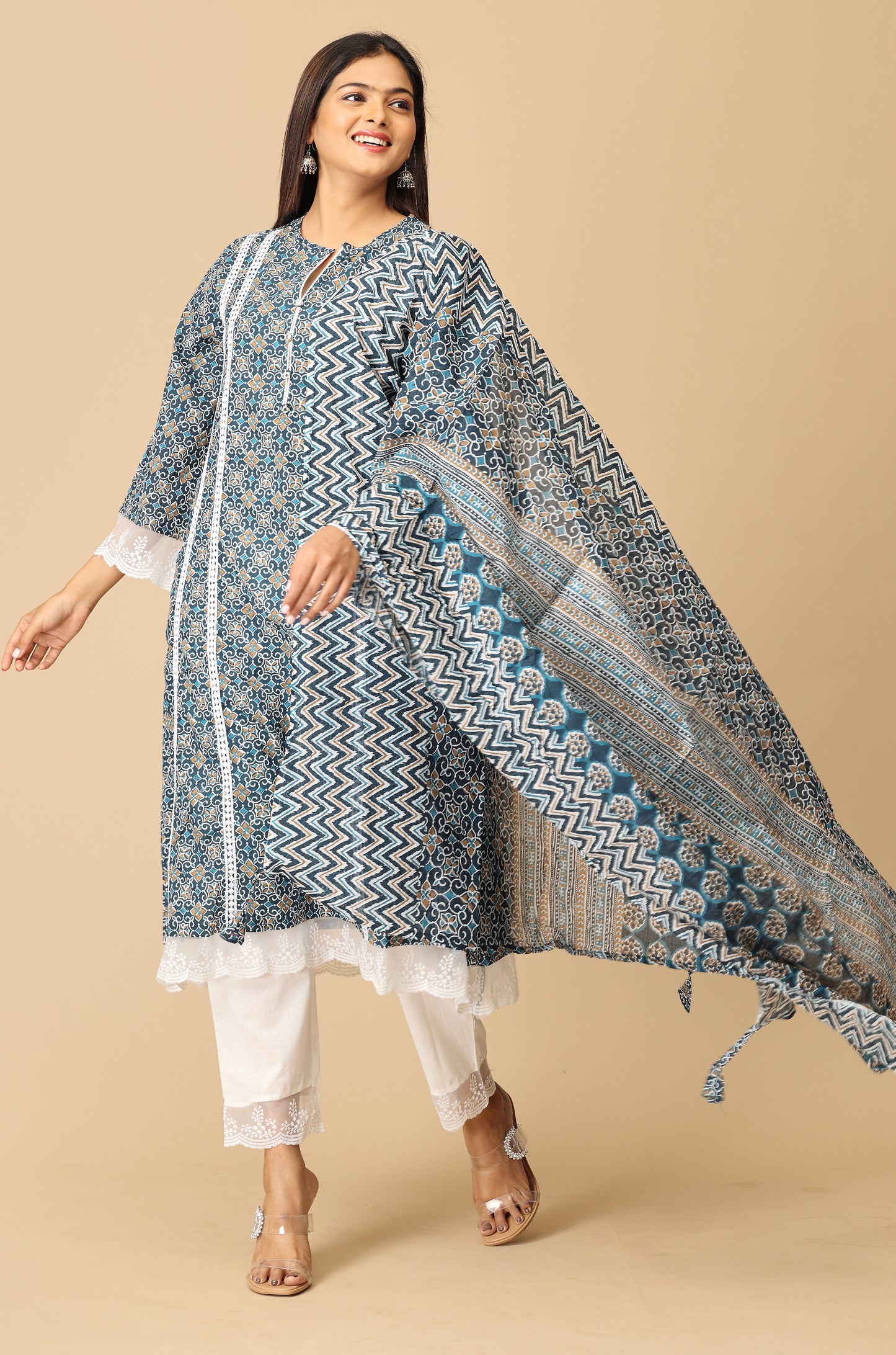 Navy Blue Cotton Printed A-Line Kurti Set - 3Pcs