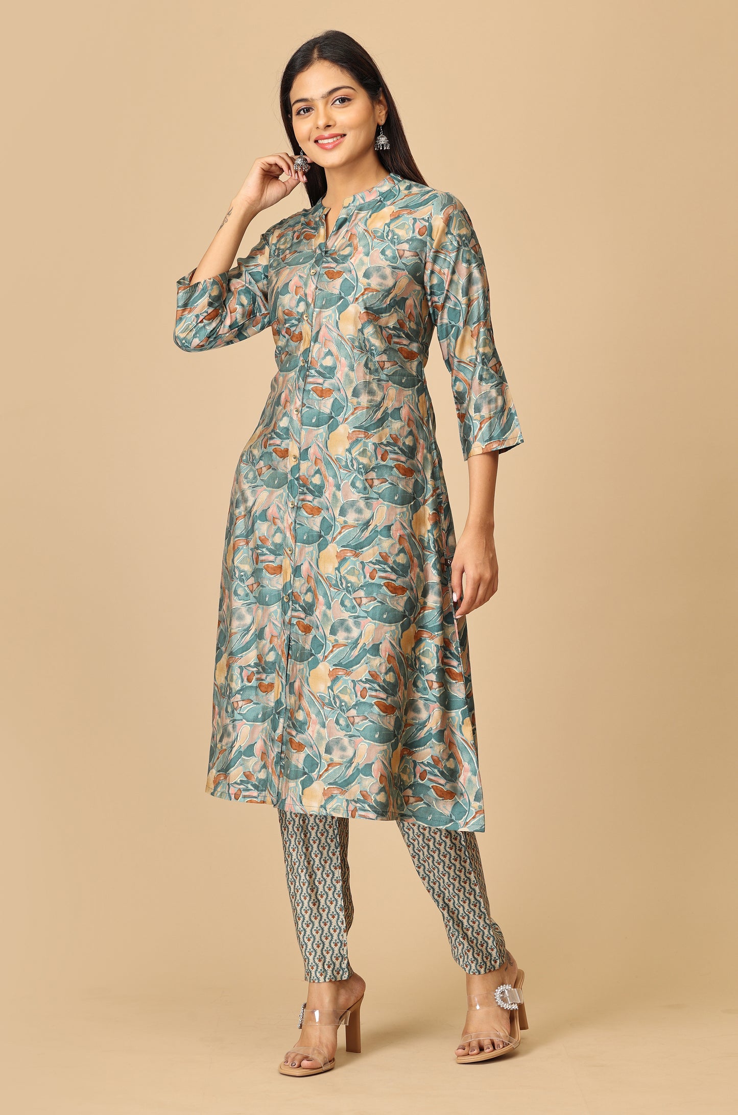 Teal Modal Printed A-Line Kurti Set - 2Pcs