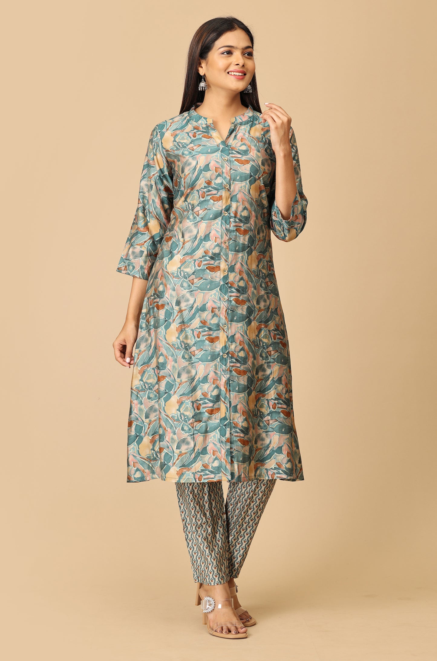 Teal Modal Printed A-Line Kurti Set - 2Pcs