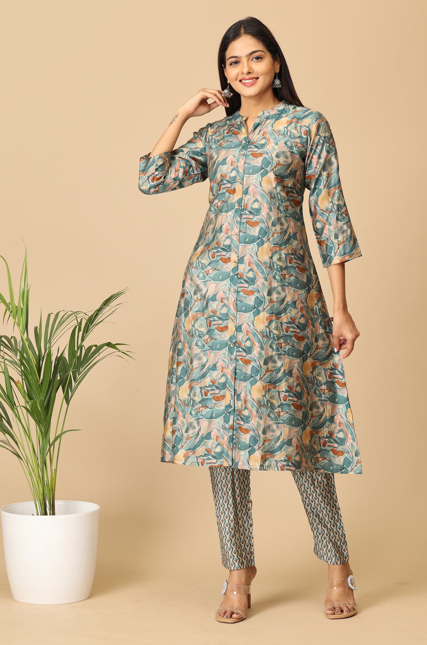 Teal Modal Printed A-Line Kurti Set - 2Pcs