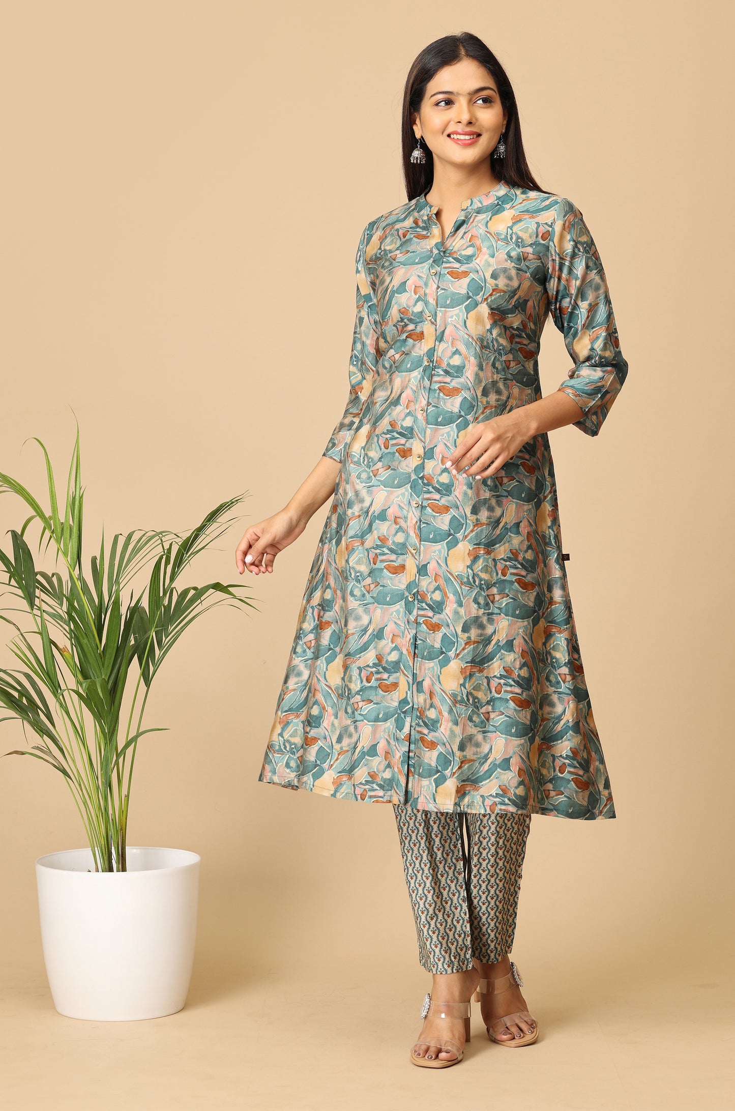 Teal Modal Printed A-Line Kurti Set - 2Pcs