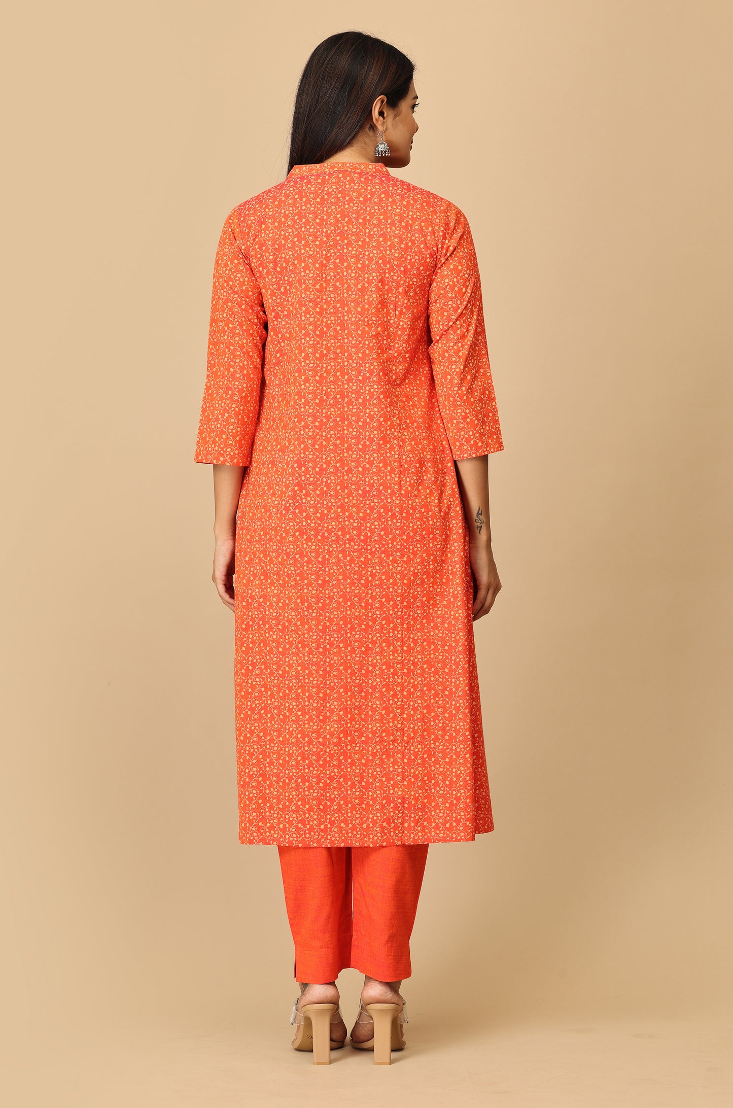 Orange Rayon Slub Printed A-Line Kurti Set - 2Pcs