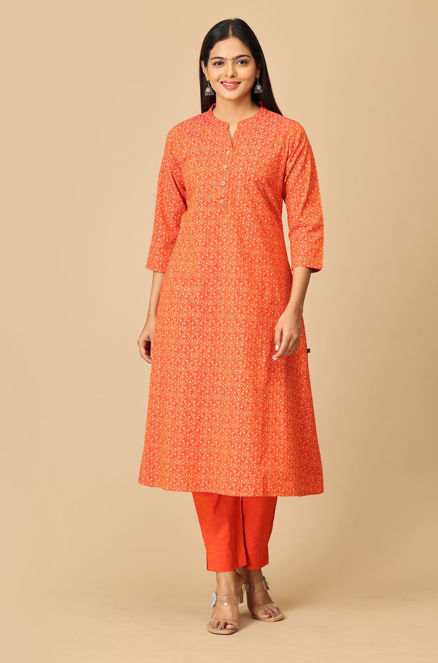 Orange Rayon Slub Printed A-Line Kurti Set - 2Pcs