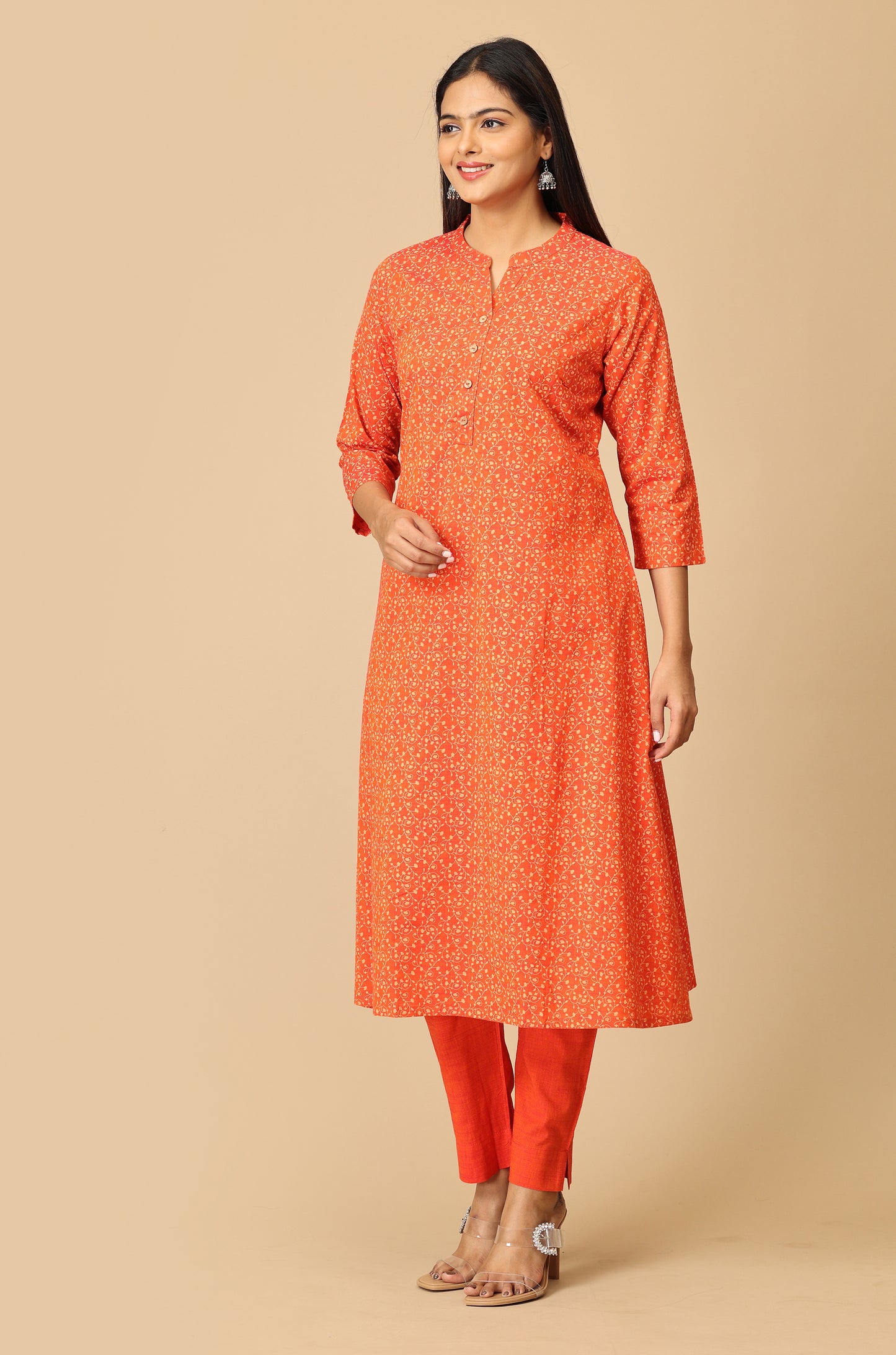 Orange Rayon Slub Printed A-Line Kurti Set - 2Pcs