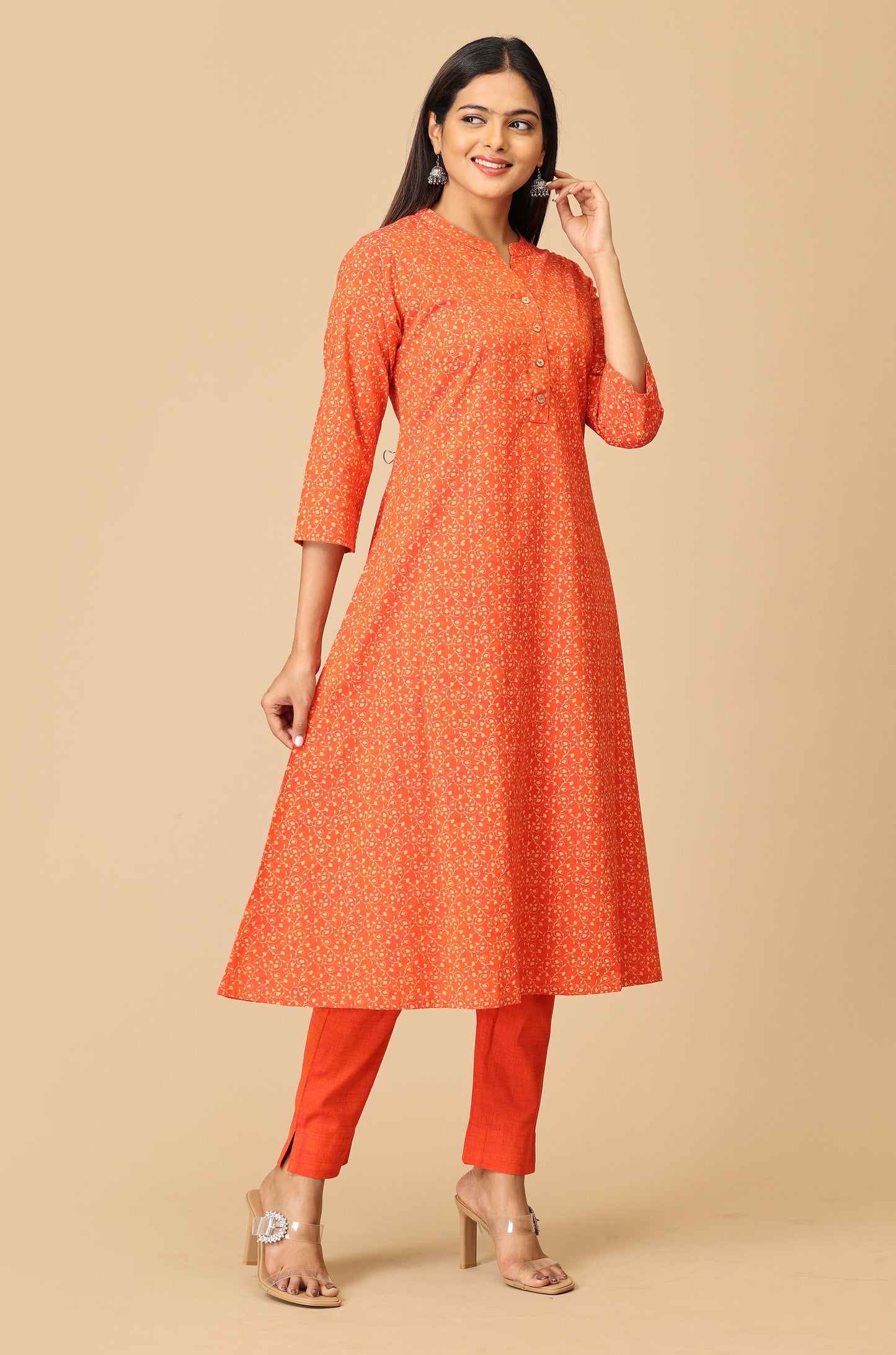Orange Rayon Slub Printed A-Line Kurti Set - 2Pcs