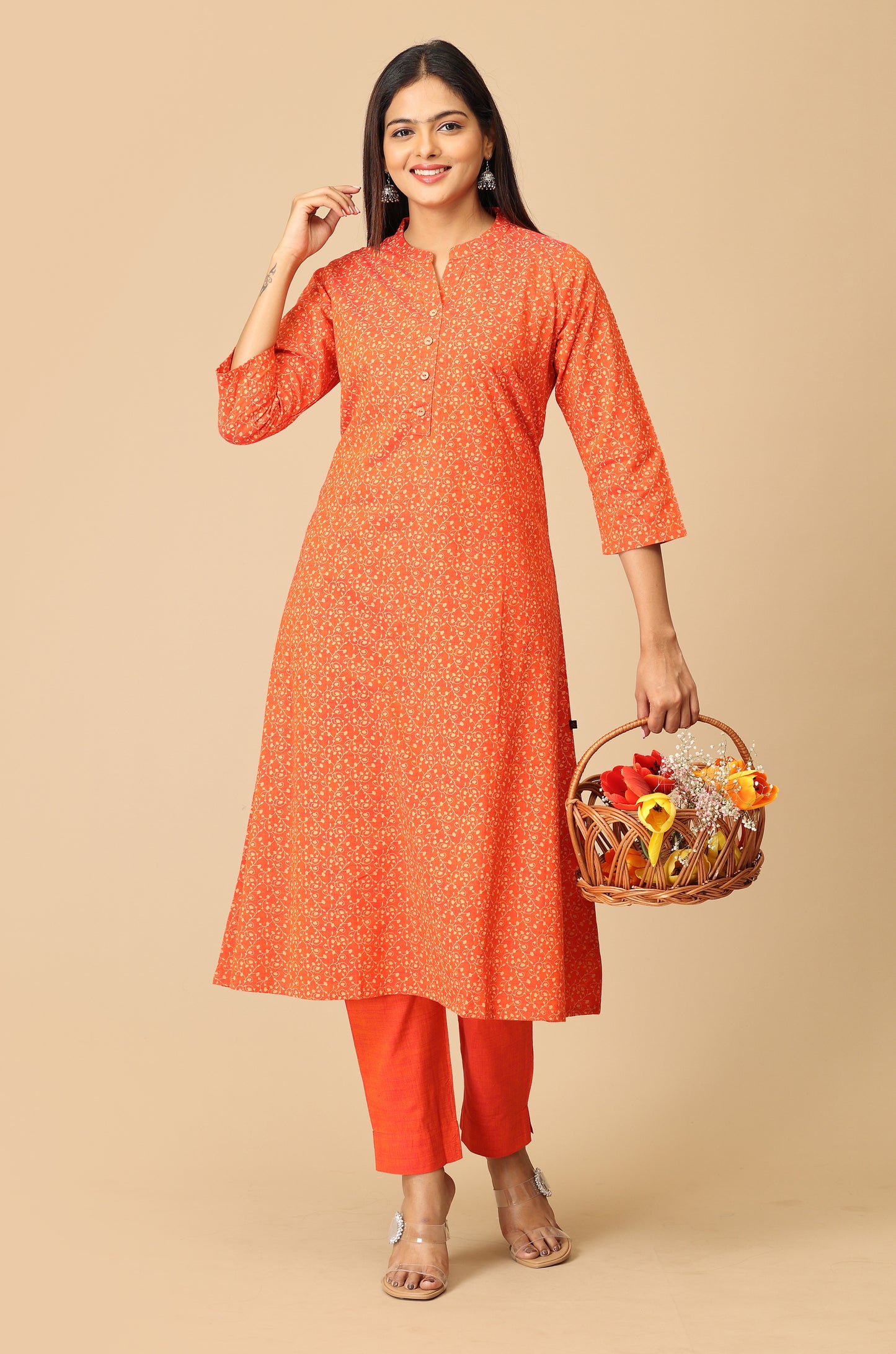 Orange Rayon Slub Printed A-Line Kurti Set - 2Pcs
