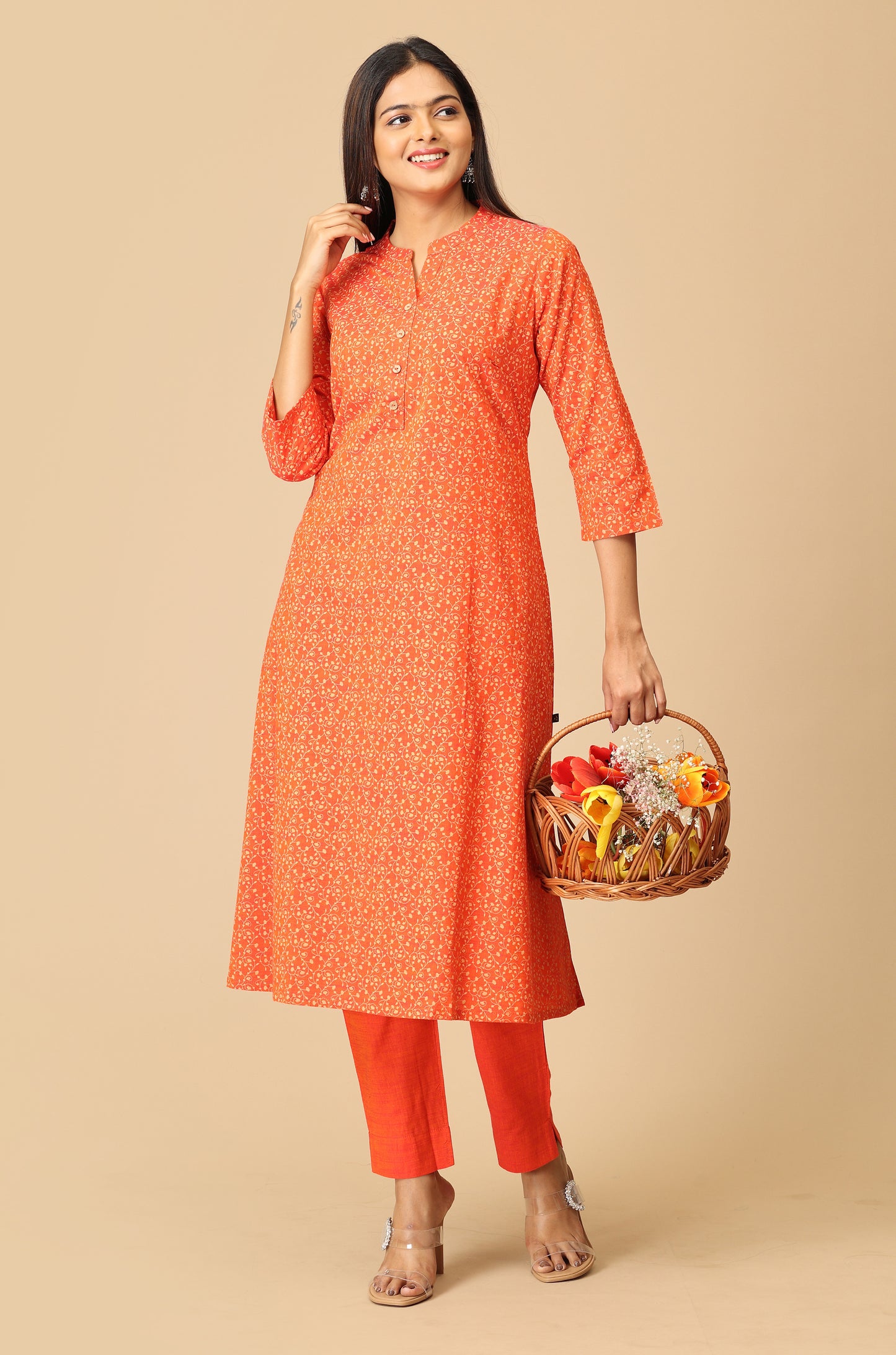 Orange Rayon Slub Printed A-Line Kurti Set - 2Pcs