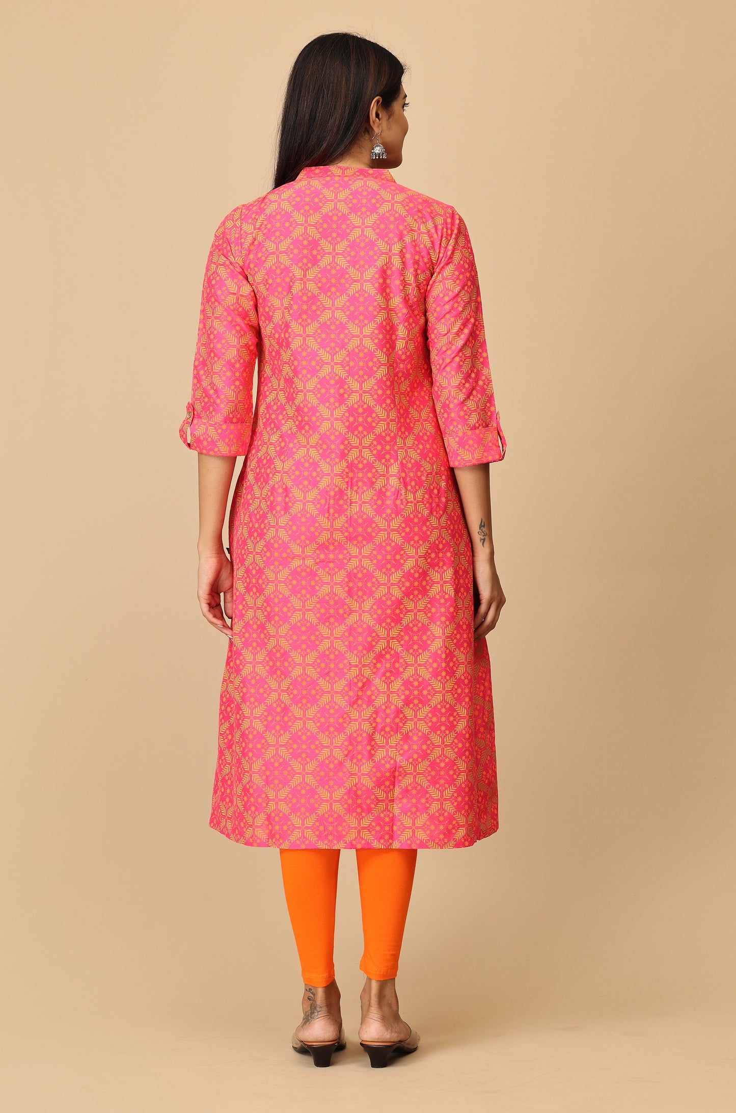 Bright Pink Slub Silk Printed Kurti
