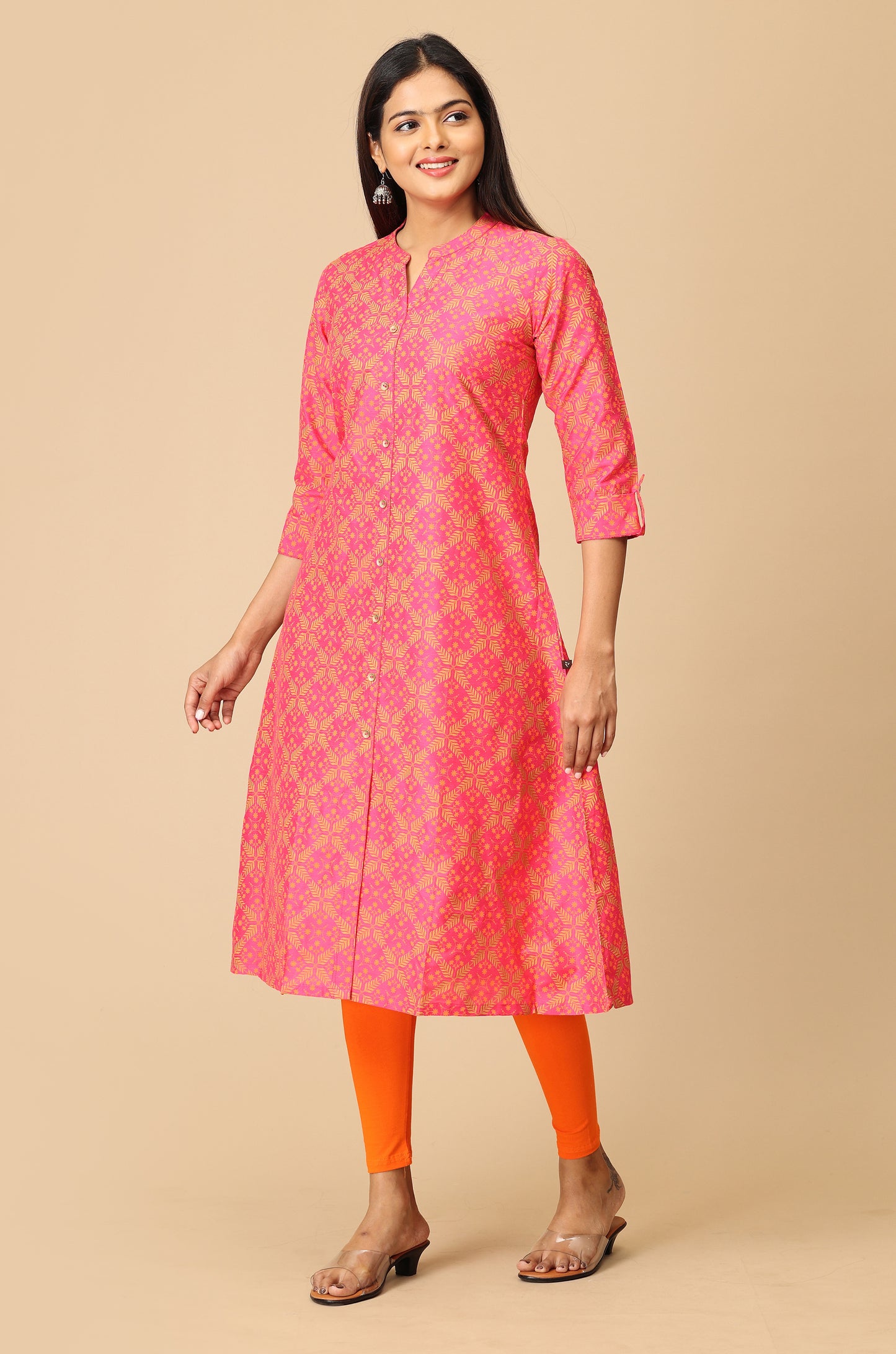 Bright Pink Slub Silk Printed Kurti