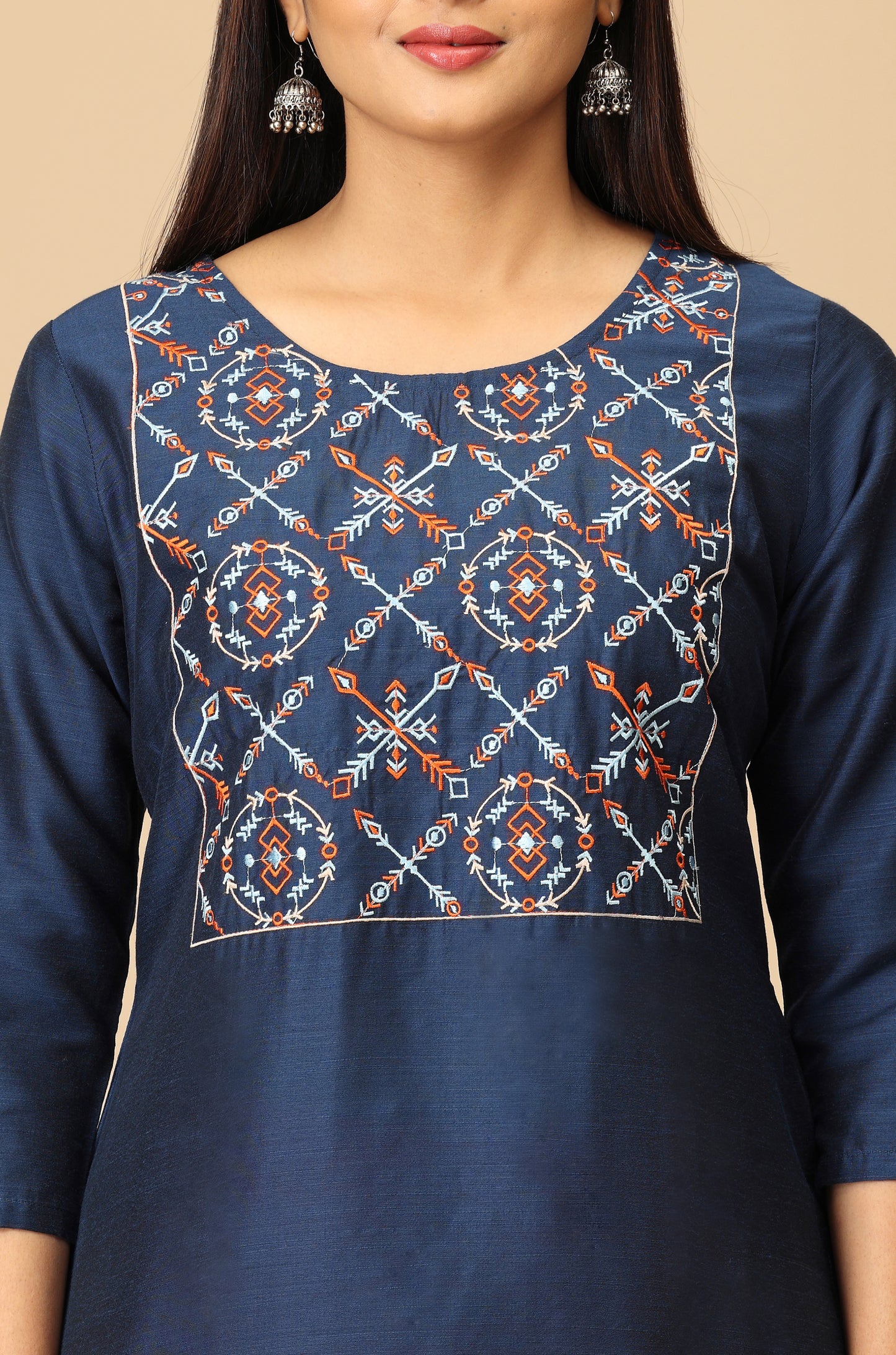 Navy Blue Multi-Color Embroidery Kurti