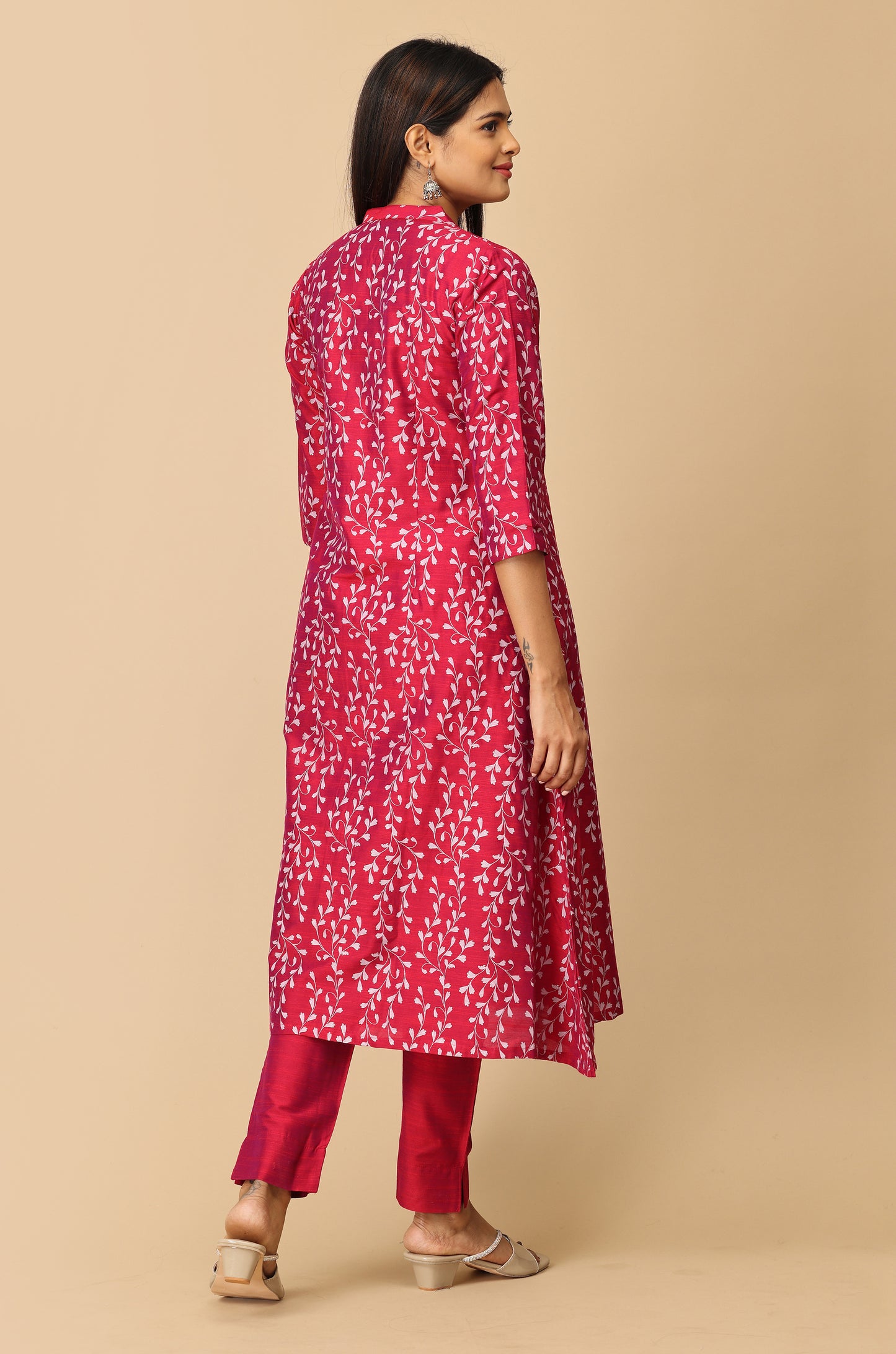 Magenta Slub Silk Printed Kurti Set - 2Pcs