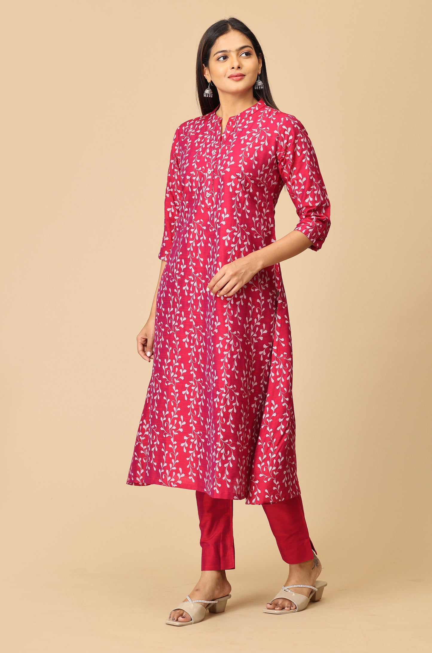 Magenta Slub Silk Printed Kurti Set - 2Pcs
