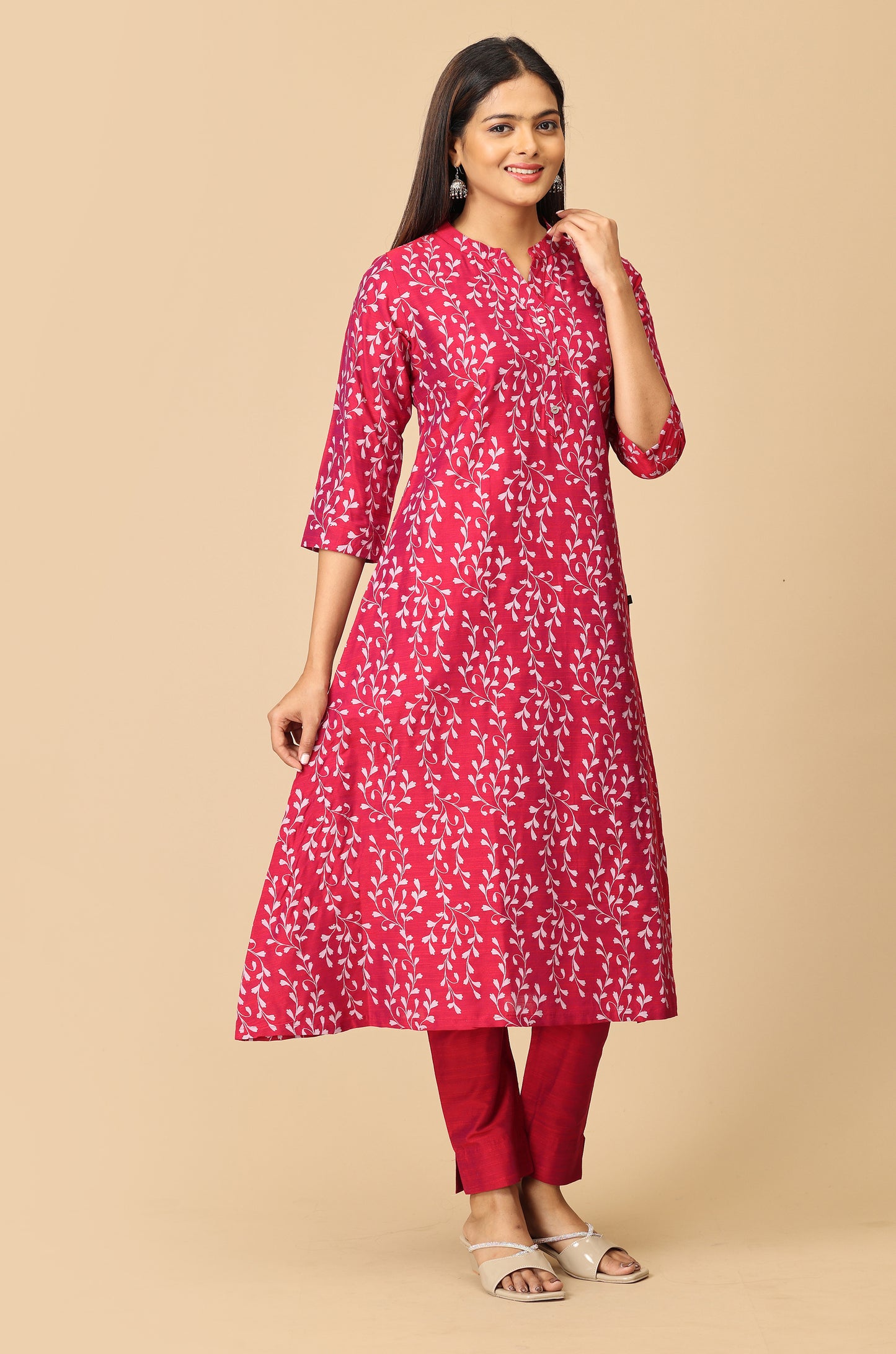 Magenta Slub Silk Printed Kurti Set - 2Pcs